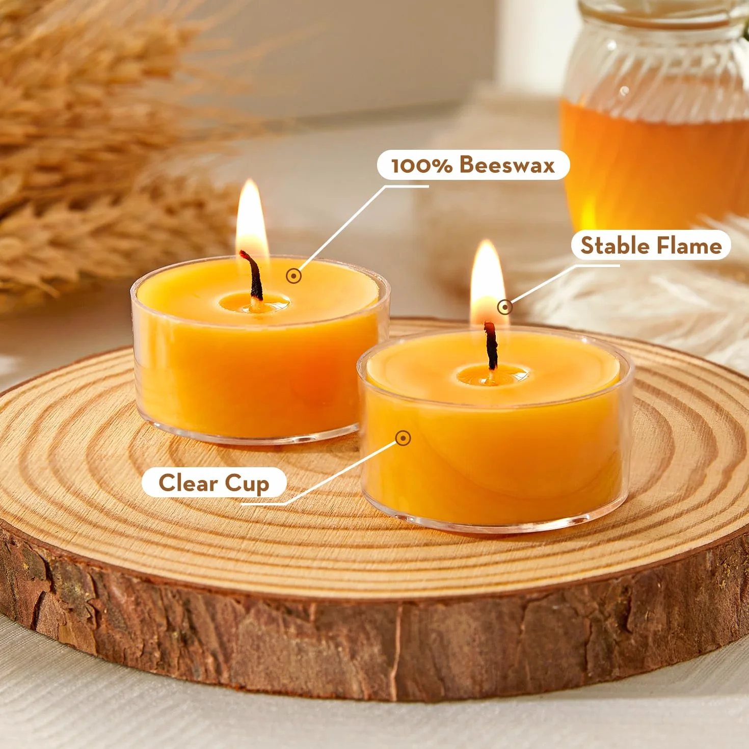 Ashlux Velas de Té de Cera de Abeja 100% Natural, 40 Unidades, 4 Horas de Combustión, Sin Perfume y Sin Humo, Para Hogar, Bodas, Navidad y Spa