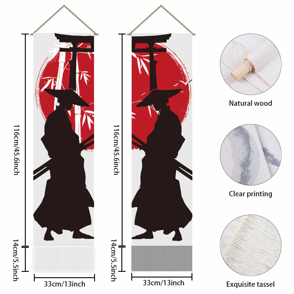 AHANDMAKER Tapiz samurai japonés, 2 piezas, blanco y negro, sol rojo genial, decoración colgante de pared, tapiz vertical largo para dormitorio, sala de estar, decoración bohemia mística de habitación