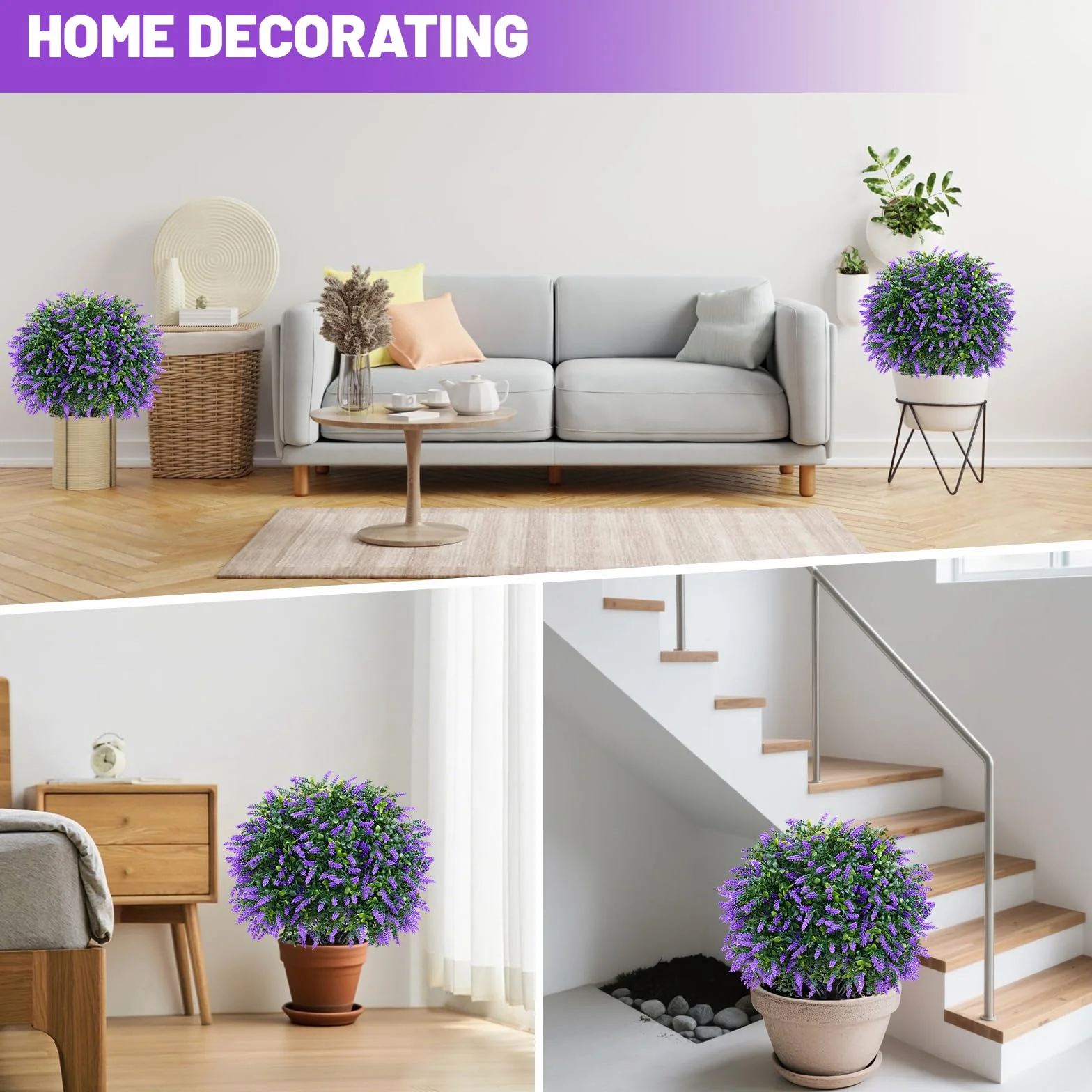 2 bolas topiarias artificiales de lavanda con estaca para el suelo, árbol artificial resistente a los rayos UV para decoración de interiores y exteriores, plantas artificiales para jardín, porche