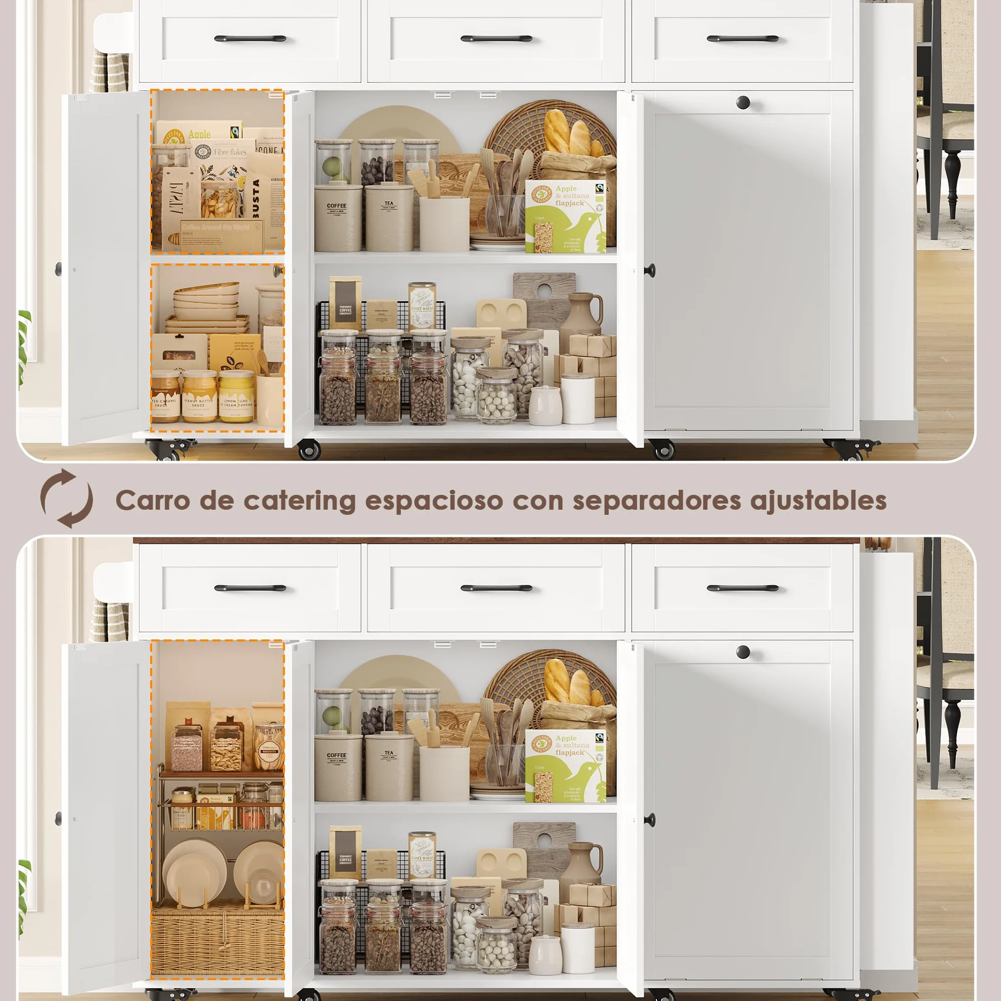 FirFurd Isla Cocina con Ruedas Carro de Cocina Carrito de Comedor Aparador con 3 Cajones Mueble Cocina Auxiliar con Mesa Plegable, Eenchufe, Especiero y Toallero, Blanco 135x60x88cm
