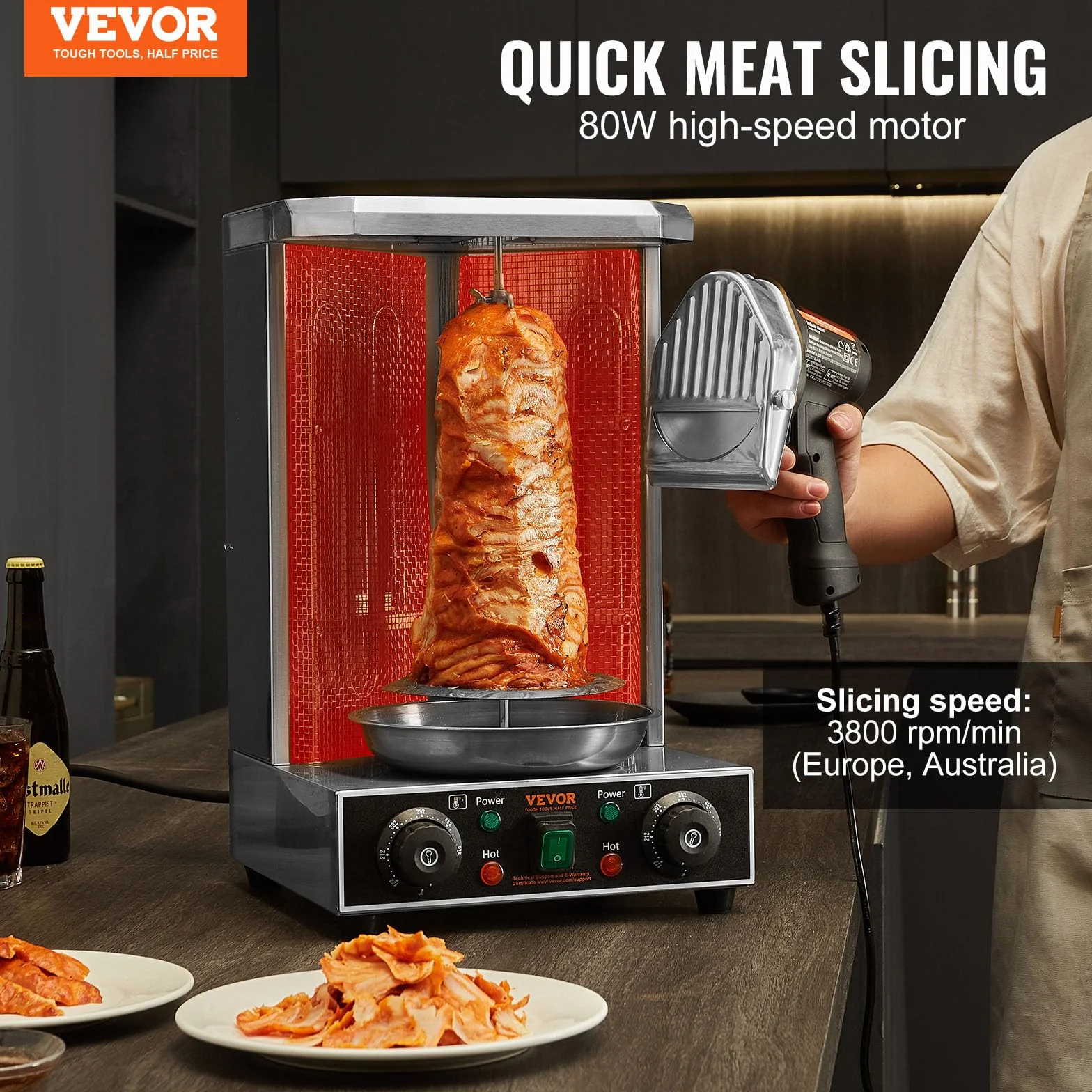 VEVOR Cuchillo Kebab Eléctrico 80 W, Shawarma Döner Kebab Cortador de Carne Turco Comercial de Acero Inoxidable, con 2 Cuchillas Diámetro 100 mm, Grosor Ajustable 0-8 mm, para Restaurante, Snack-Bar