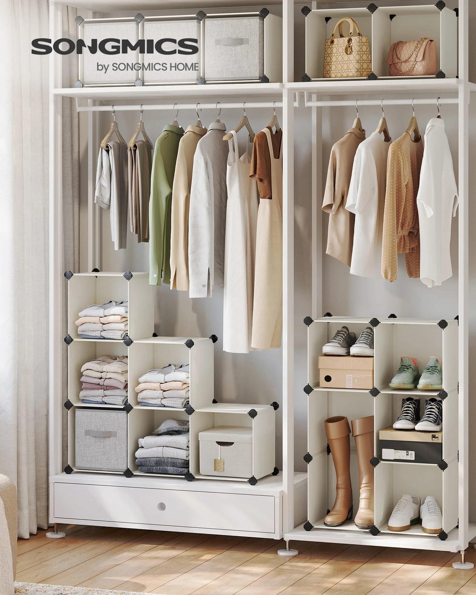 SONGMICS Armario Modular, con 16 Cubos Apilables, Zapatero Modular, Estante de Plástico PP, para Dormitorio, Oficina, 31 x 123 x 123 cm, Blanco Crema LPC442M01