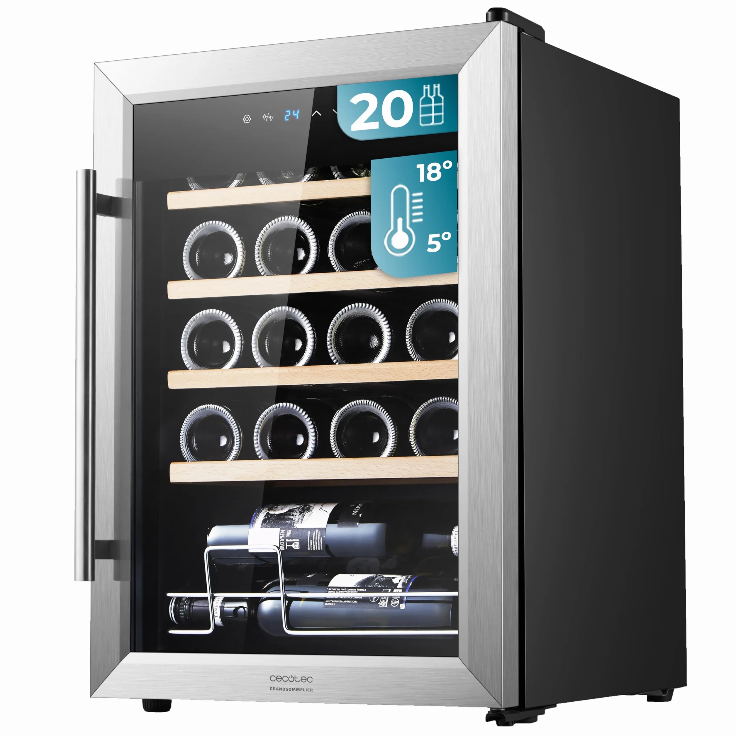 Cecotec Vinoteca - Nevera para Vinos - 24 Botellas Bolero GrandSommelier 2050 Inox Compressor. Temperatura ajustable de 5-18ºC, Alto rendimiento, Funcionamiento silencioso y sin Vibraciones