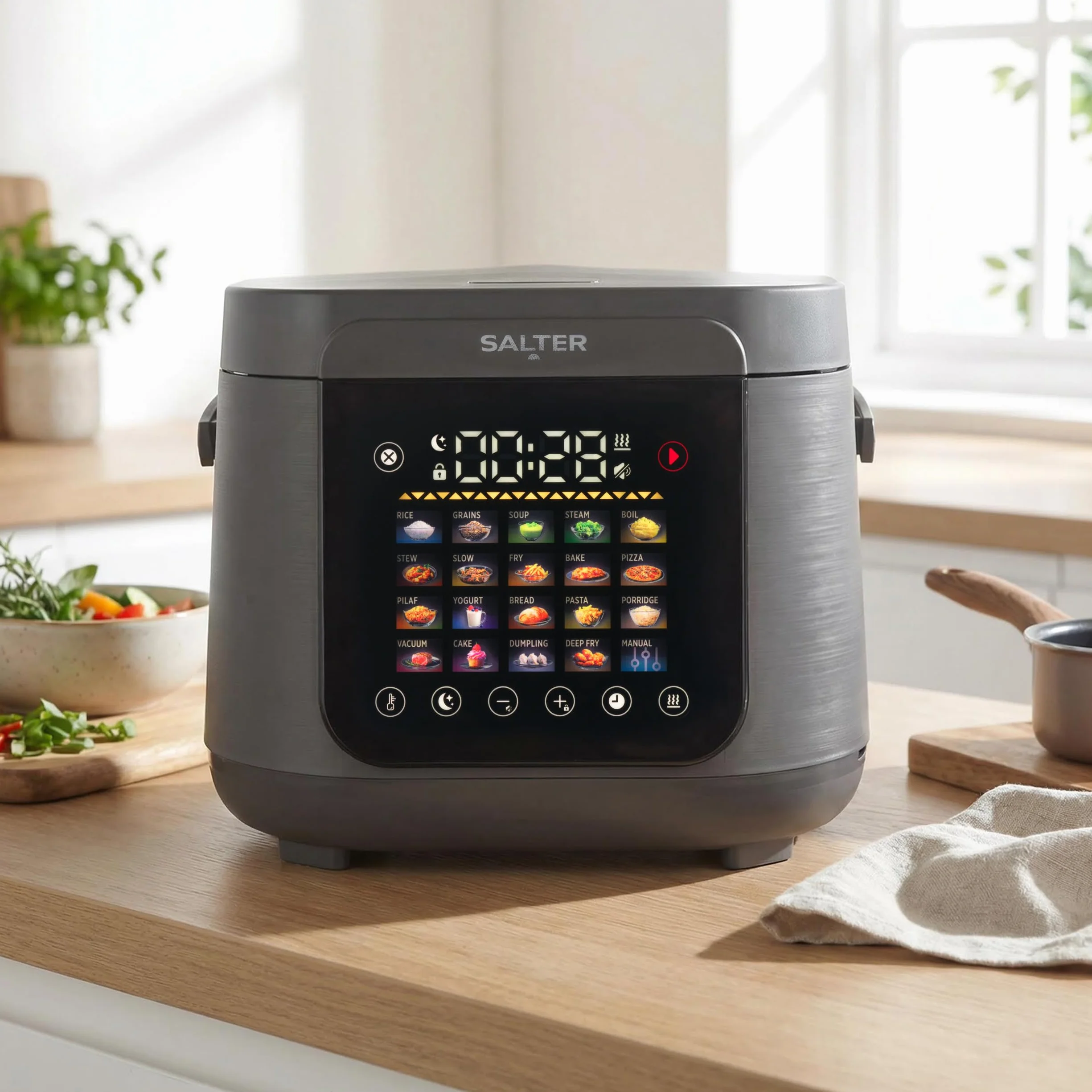 Salter Multicooker de 5 litros - 20 programas preestablecidos y función mantener caliente durante 12 horas, recubrimiento antiadherente sin PFAS, tapa interior y válvula de vapor extraíbles, 860W