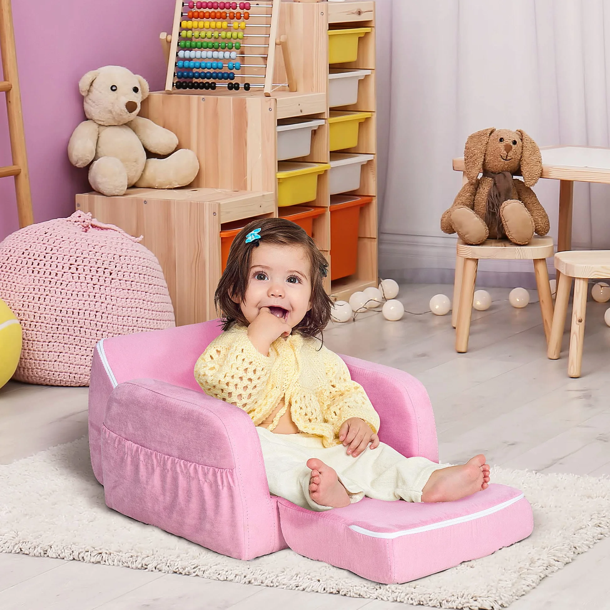 HOMCOM Sillón para Niños de 3 Años Sofá Transformable Diseño 2 en 1 Cama Infantil Plegable de 2 Posiciones con Reposabrazos Asiento Ancho Acolchado 47x45x38 cm Rosa