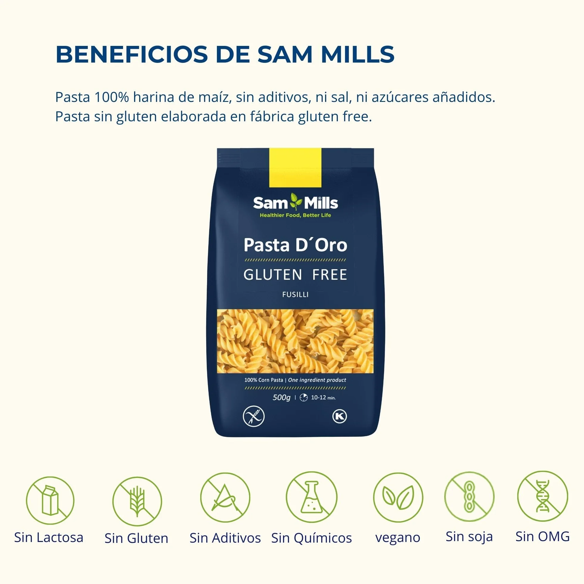 Sam Mills Fusilli Sin Gluten 500g 100% Harina de Maíz Vegano