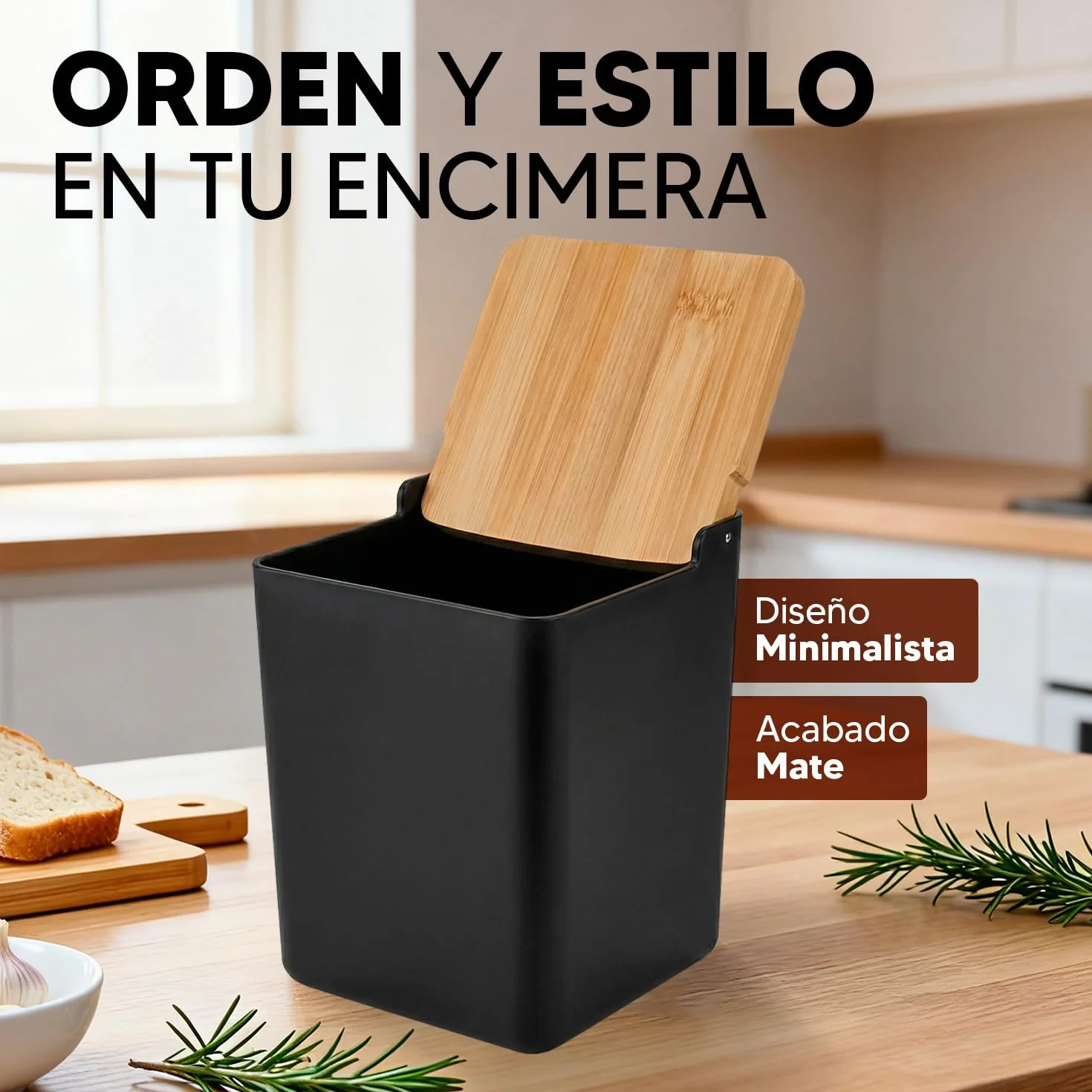 CIA&CO Salero Cocina Grande 1kg – Recipiente para Sal, Azúcar, Especias, Café – Tapa Bambú Natural – Cierre Antihumedad (NEGRO)