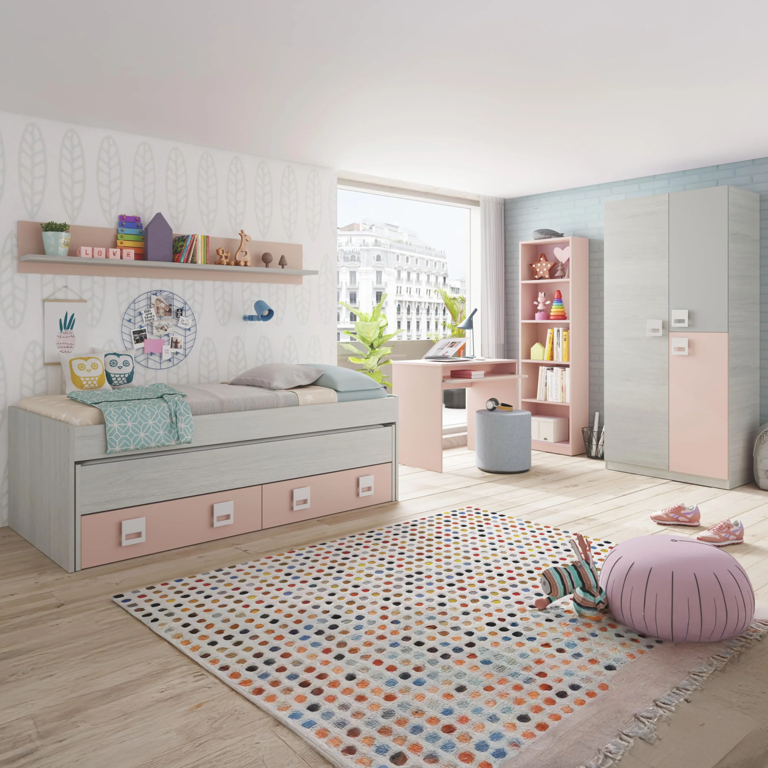 duehome | Pack de Dormitorio Juvenial con Cama Nido Juvenil, Armario, Escritorio y Estantería, Conjunto de Dormitorio Infantil, Modelo Kenia MAX, Acabado en Blanco Alpes, Rosa Pastel y Gris