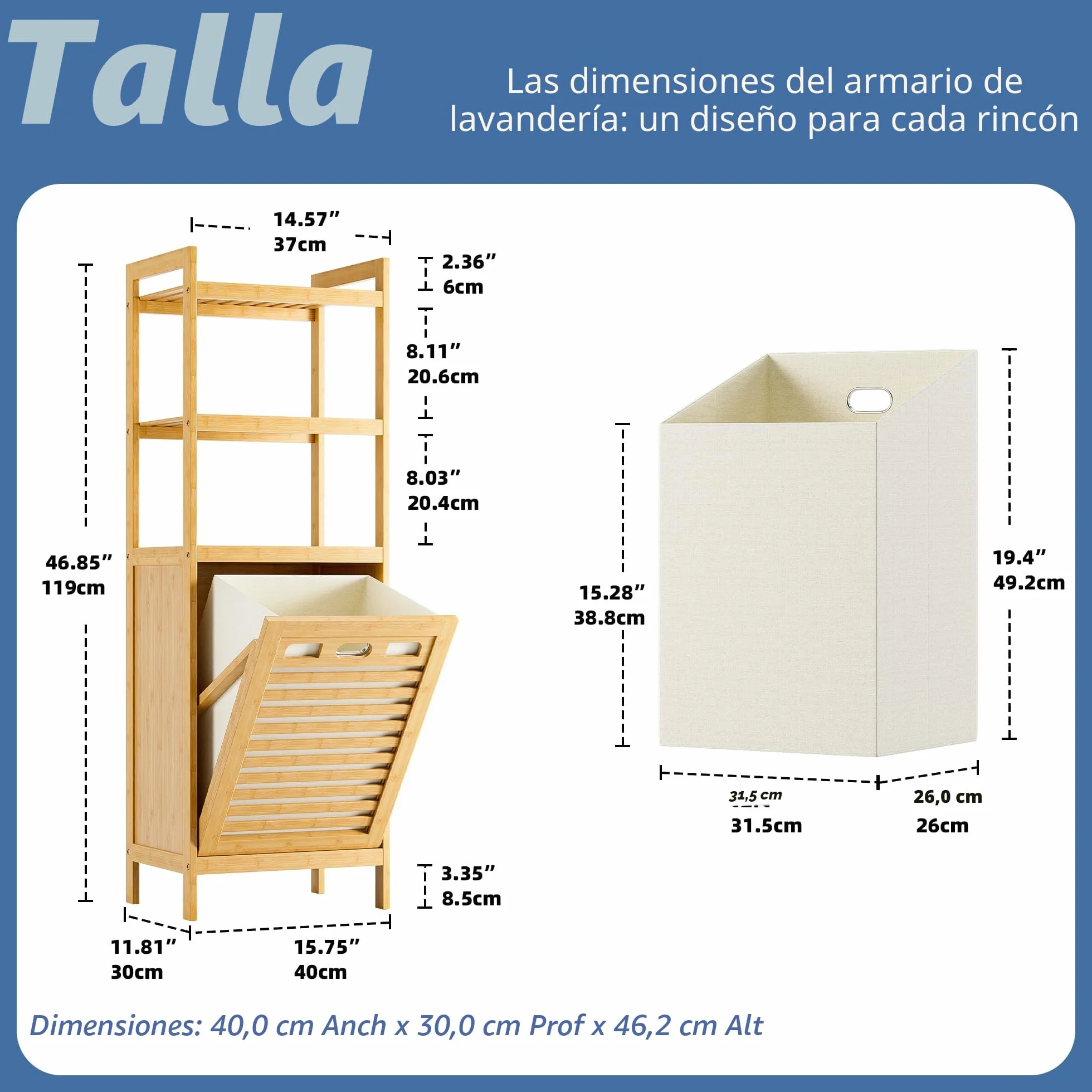 HITNET Armario de Baño con Cesto Ropa Sucia, Mueble Ropa Sucia de Bambú, 40L Bolsa Interior Extraíble con Asas y 3 estantes Abiertos, para Lavadero,Sala de Estar y Dormitorio, Natural