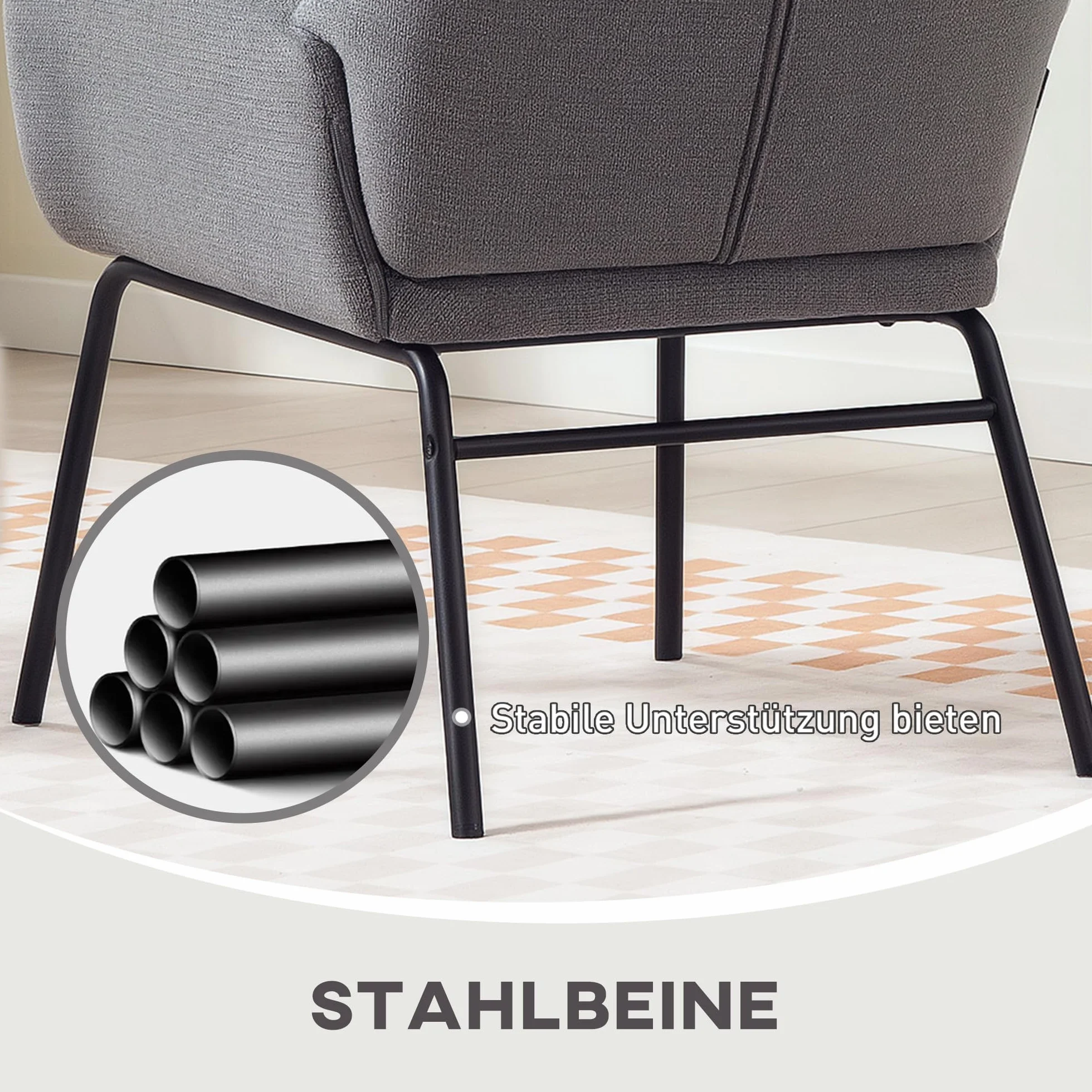 HOMCOM Sillón con Patas de Acero, Respaldo Alto, con Aspecto de Lino, para Dormitorio, Color Gris Oscuro