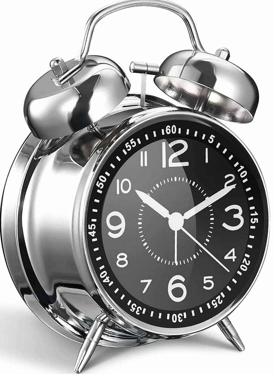 Reloj despertador fuerte metal 10,2 cm doble campanilla a pilas silencioso plateado