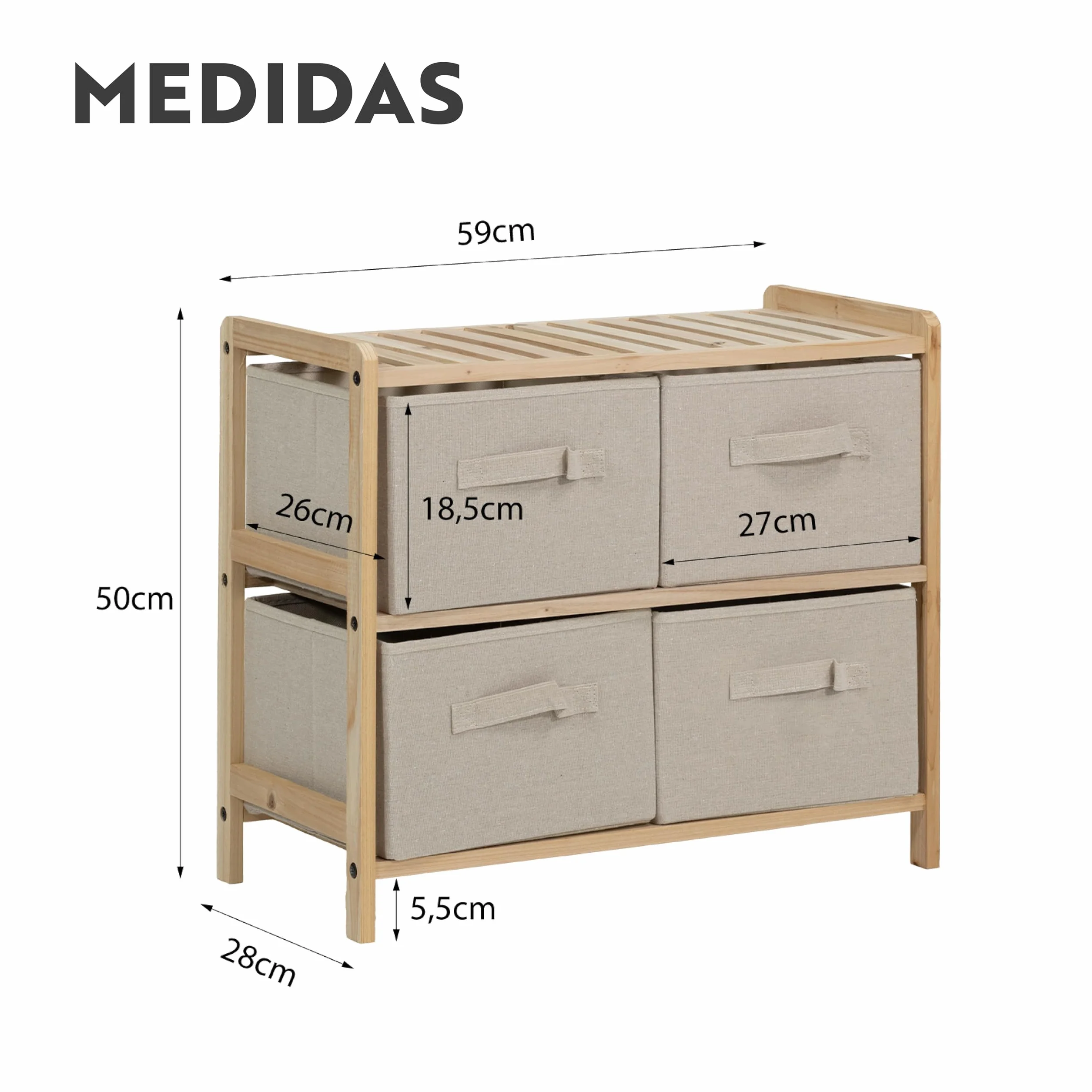 Organizador de madera de abeto Cajonera de Tela 4 cajones Mueble auxiliar dormitorio baño salón
