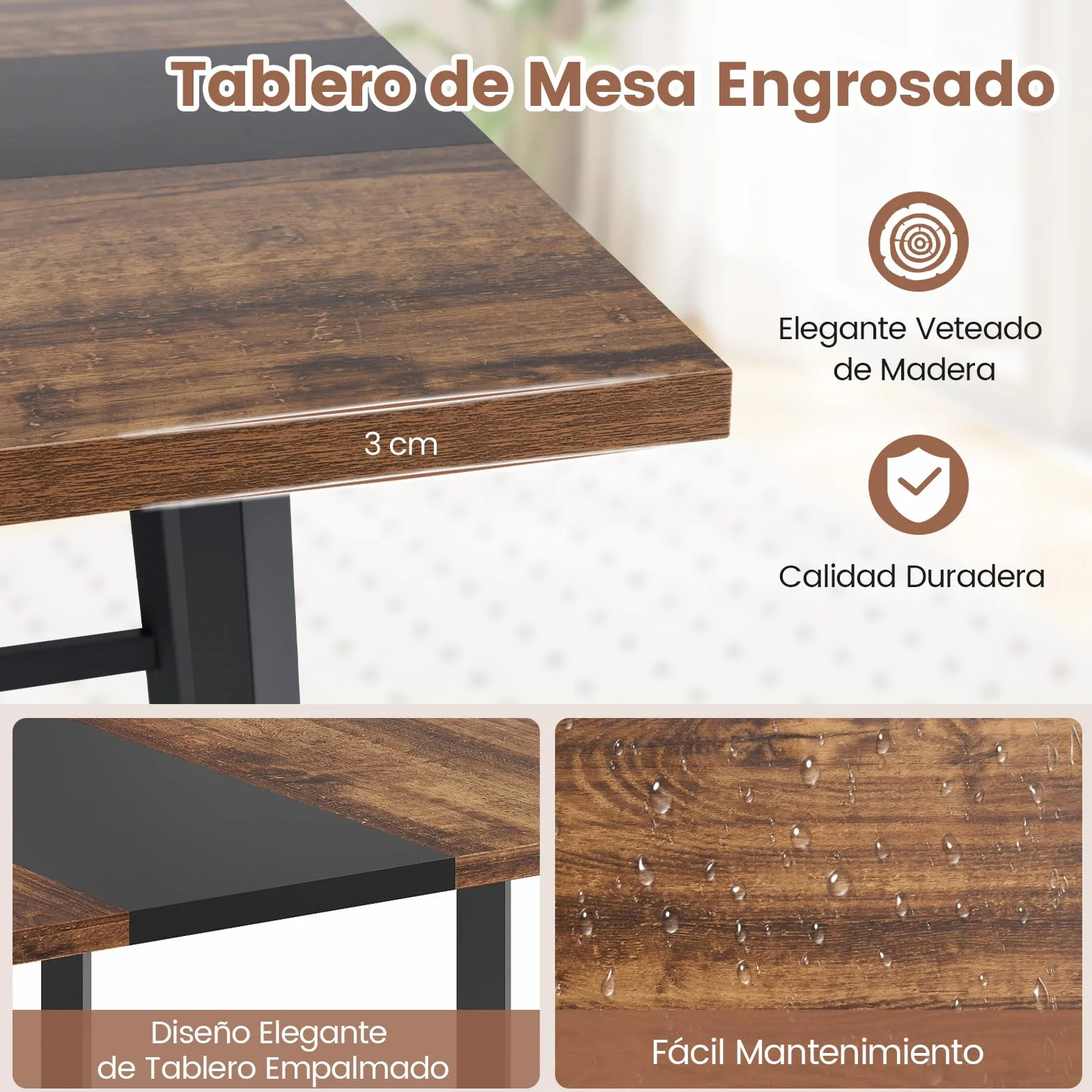 COSTWAY Mesa de Conferencias Cuadrada 100x100 cm 4 Personas Estructura Metálica Escritorio Industrial Marrón
