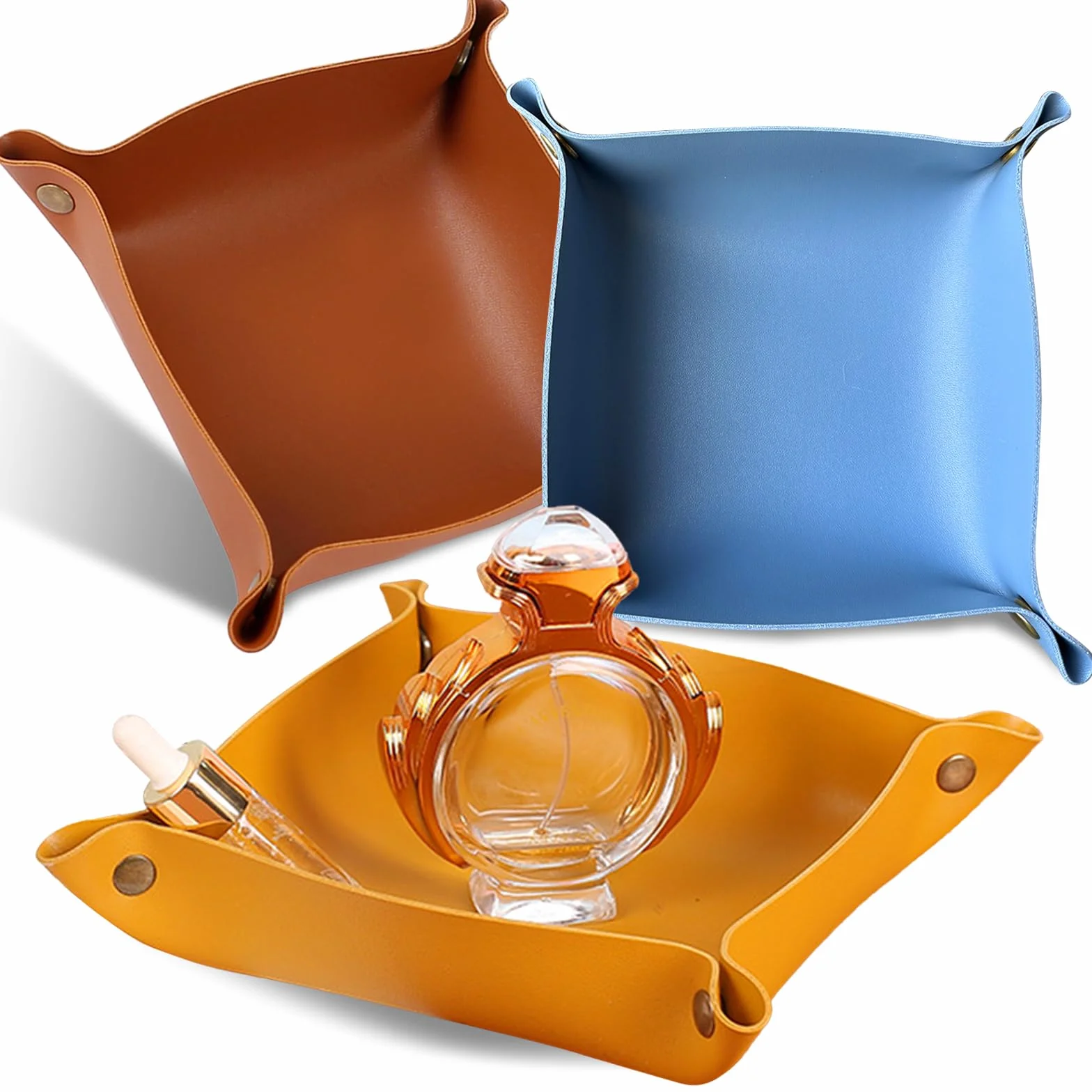 3 compartimentos para llaves, piel sintética, bandeja para joyas, bandejas plegables de piel (20 x 20 cm), para joyas, relojes y teléfonos móviles