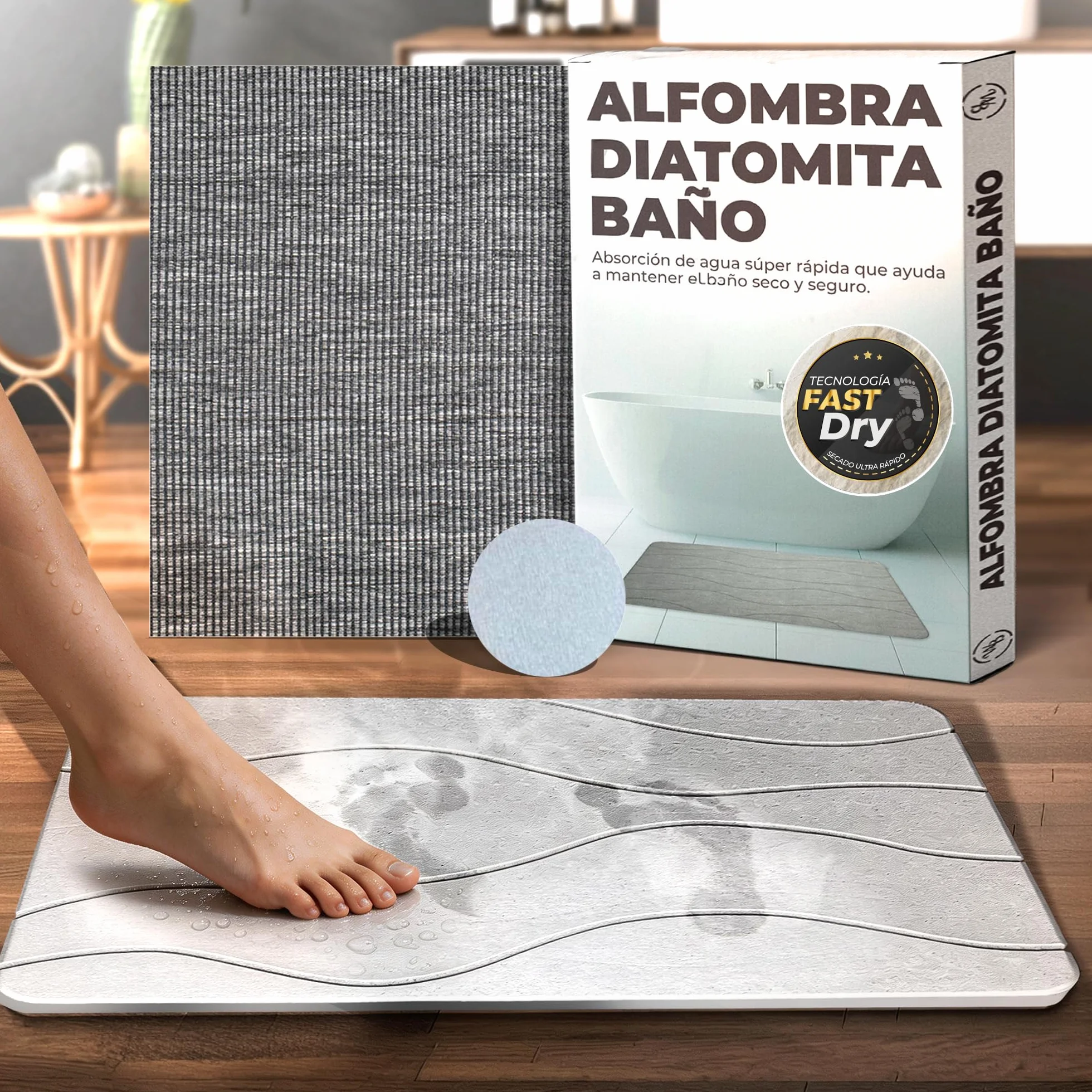 Alfombra Diatomita Baño Fast Dry 60x40 Antideslizante Antibacteriana Gris Stone Bath Mat