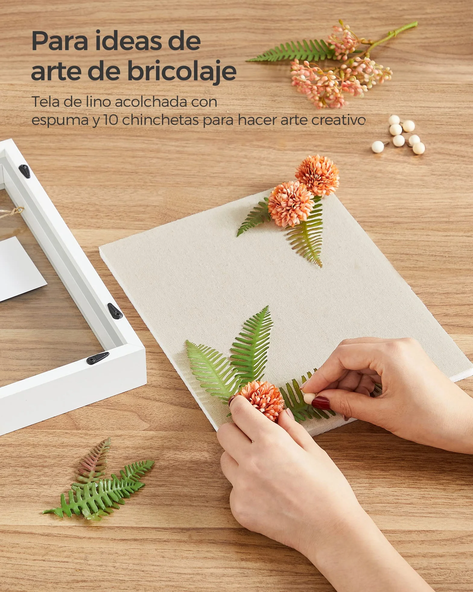 SONGMICS Marco de Fotos 3D con Pinzas, Alfileres, Reverso de Lino, Vidrio, MDF, Blanco RPF007W01
