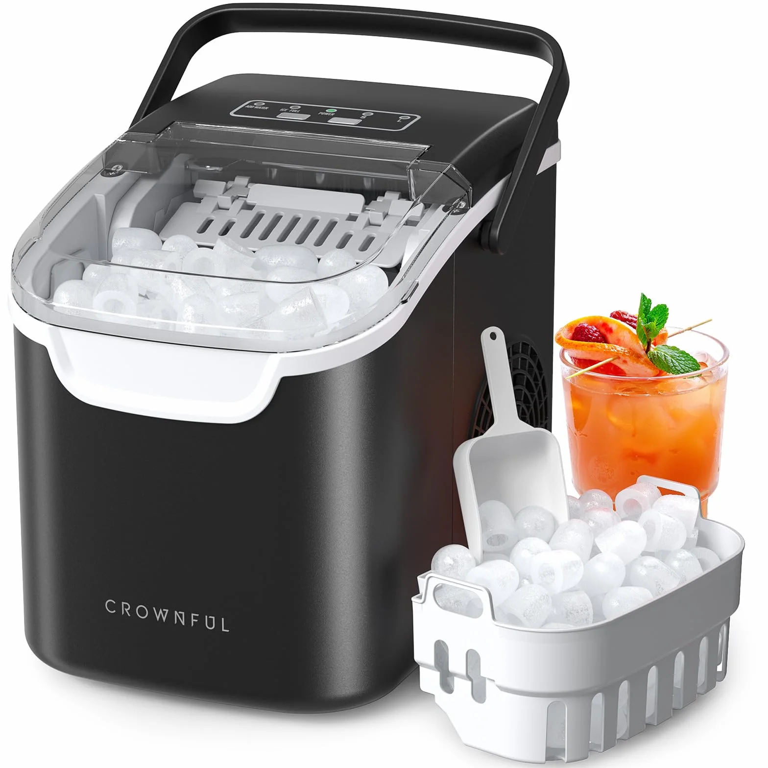 Crownful Máquina de Hielo Portátil, 6 Minutos 12kg/24h, Autolimpieza, 2 Tamaños de Cubitos, con Asa y Visor, para Casa, Cocina, Oficina, Bar y Camping en 2026