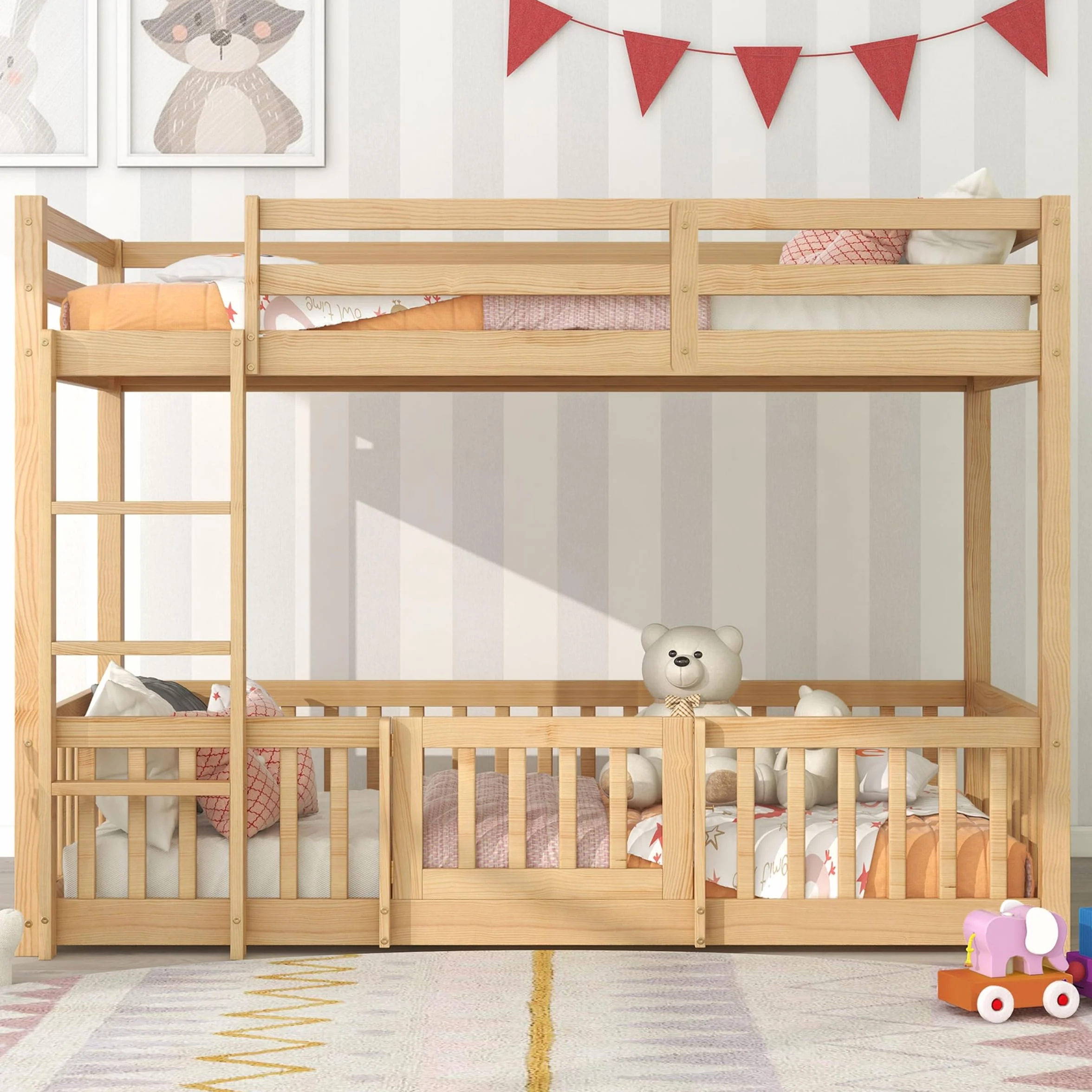 Lubvtti Litera Infantil 90 x 200 cm,Cama para niños con protección anticaídas y barandilla,Estructura Cama 90x200,Cama Superior con somier de láminas, Natural