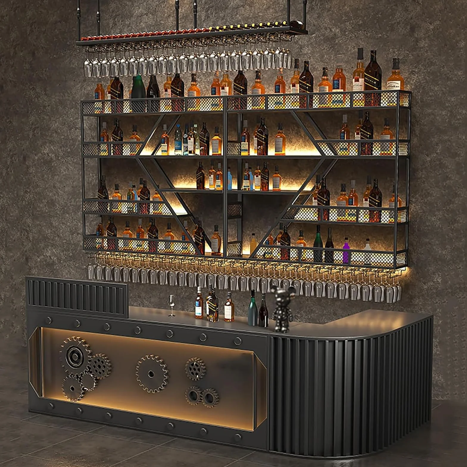 Estante de vino de pared de metal con iluminación LED y soporte modular