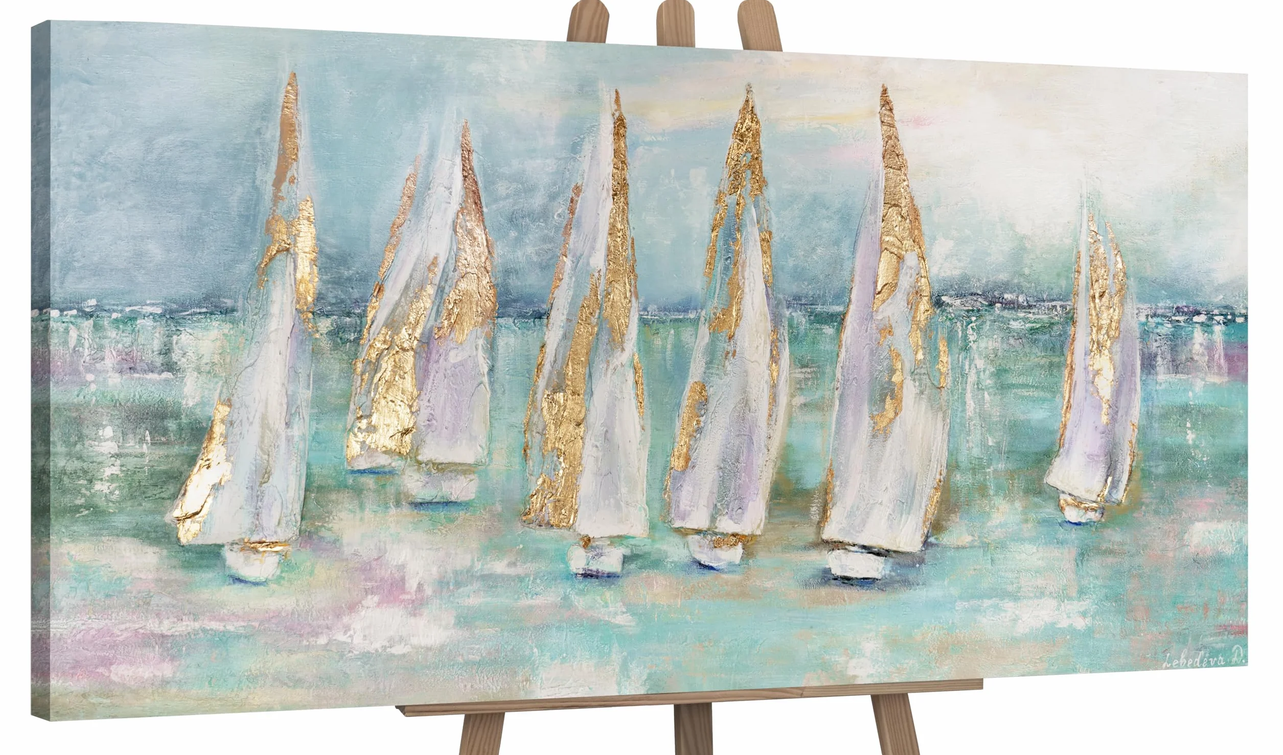 YS-Art Pintura hecha a mano Paisaje marino Veleros Tonos turquesa brillante con dorado Motivo veraniego Barcos Decoración 120x60 cm