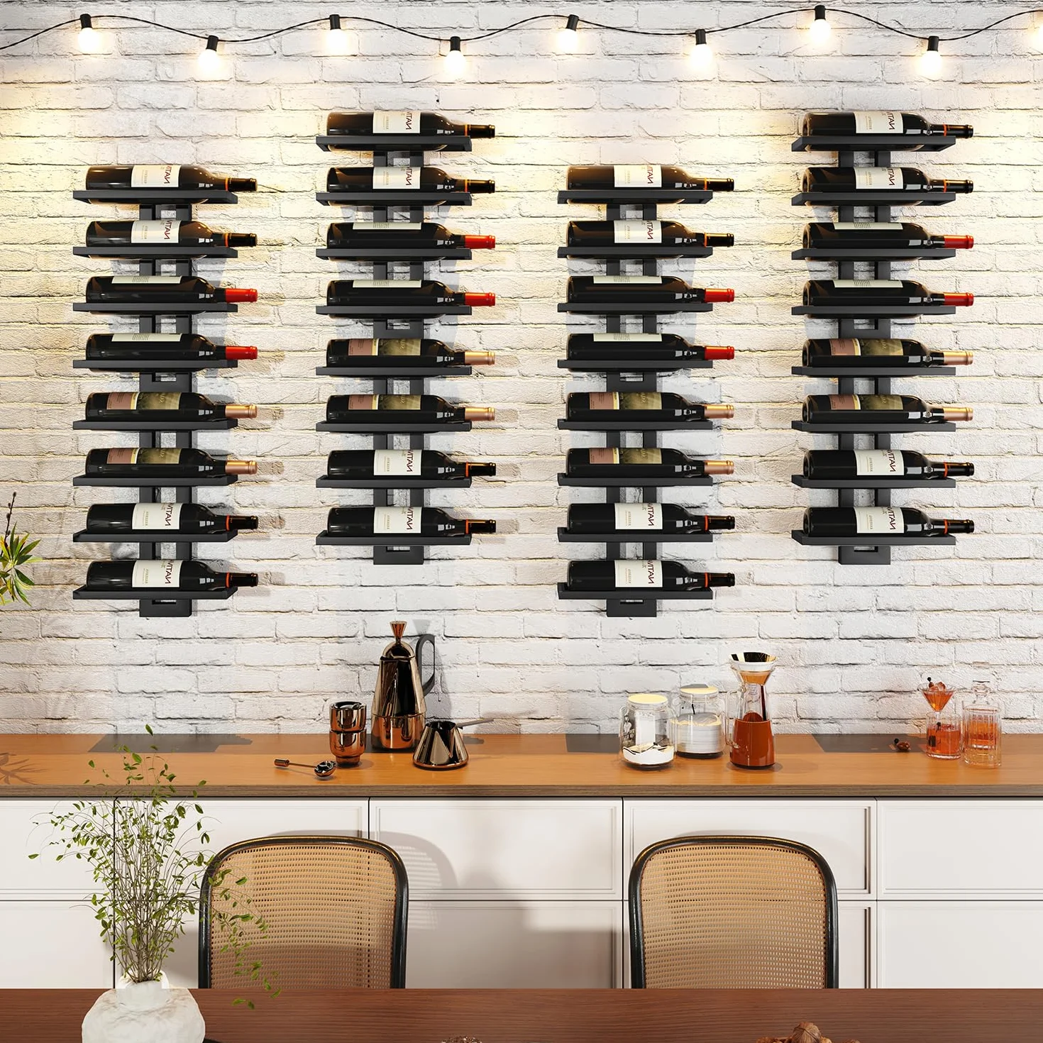 IBUYKE Botellero Pared para 12 Botellas, Botellero Vertical de Metal para Botellas de Vino,Licores, Champán,Estante de Vino Montado DIY para Cocina, Comedor, Bar, Negro, TMJ909B