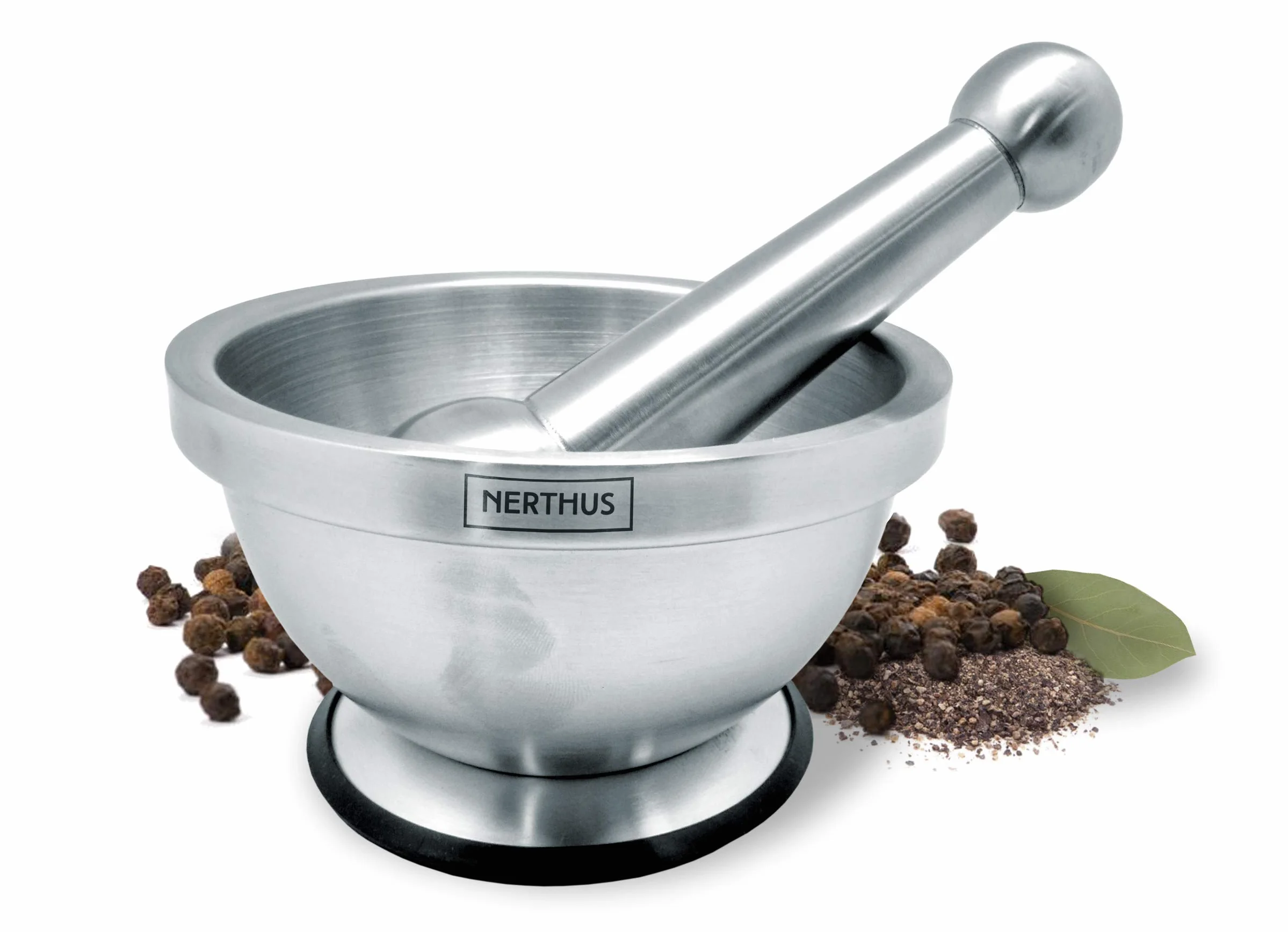 NERTHUS FIH 020 - Mortero de Mano para Especias de Acero Inoxidable, base Antideslizante