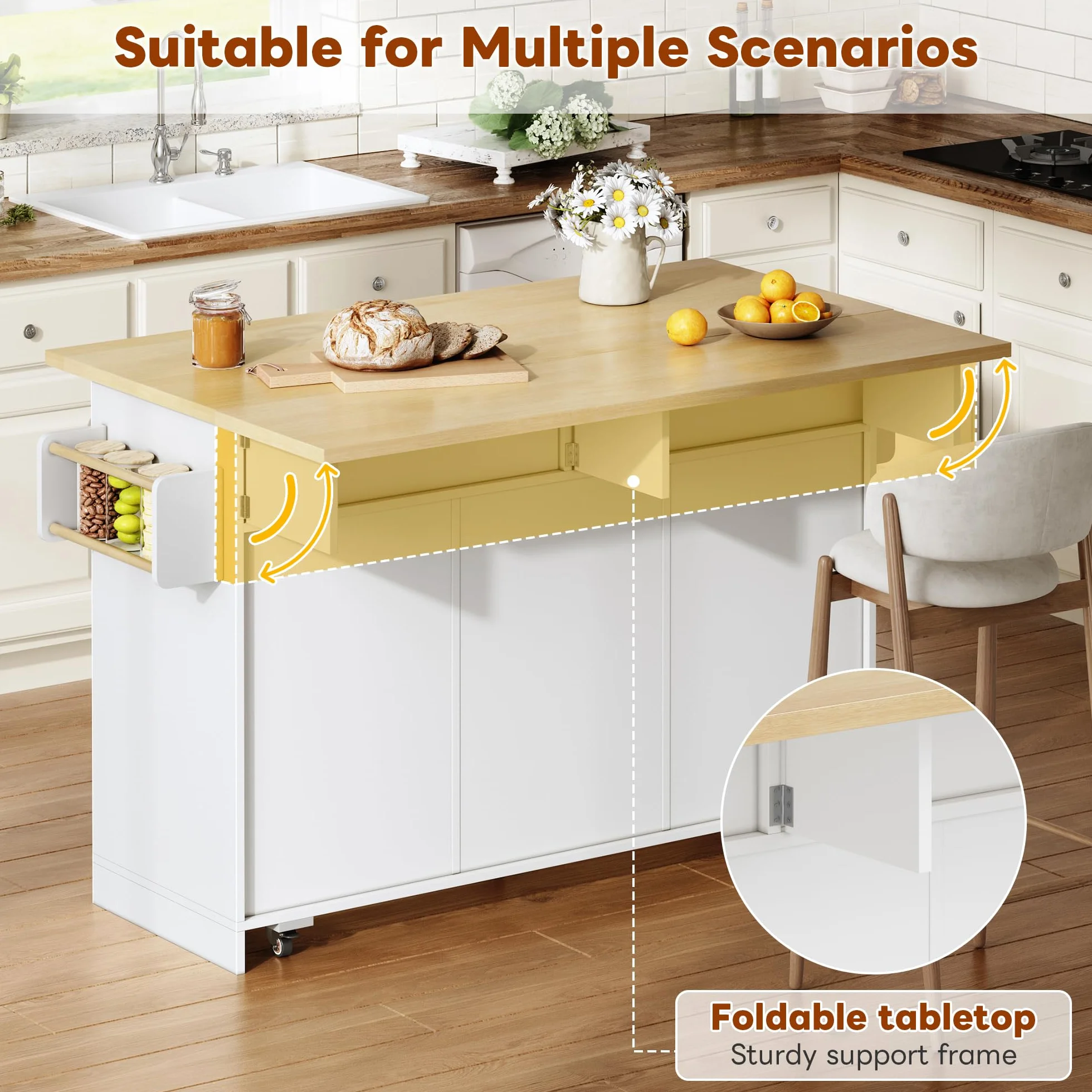Isla Cocina con Ruedas y Encimera Plegable, Mueble Auxiliar de Cocina con 3 Cajones y 2 Puertas, Isla de Cocina con Estante para Condimentos y Toallero, 137x45-70x92 cm, Natural+Blanco