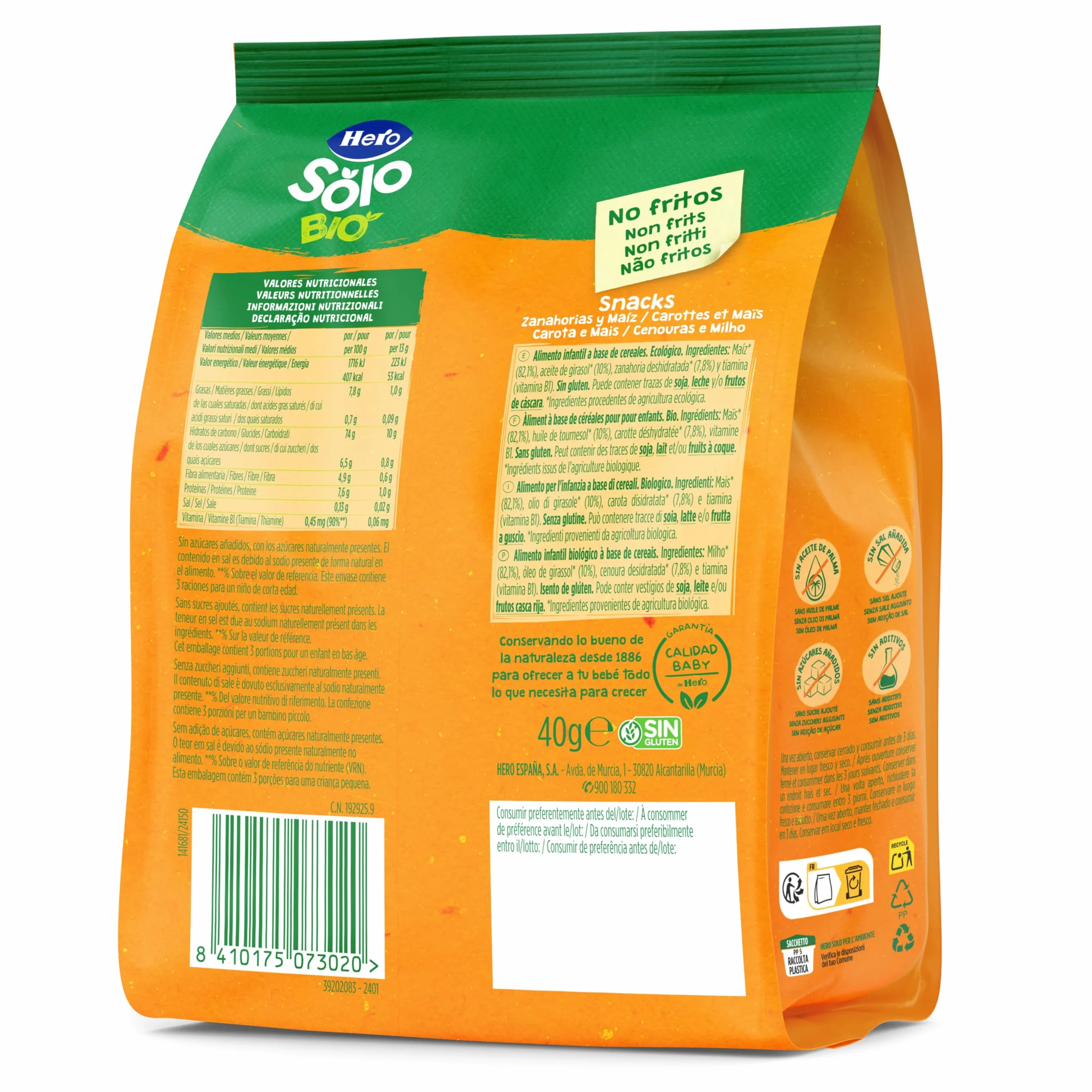 Hero Solo Snack de Zanahorias y Maíz Cereales BIO 100% ECO Pack 6 x 40 g
