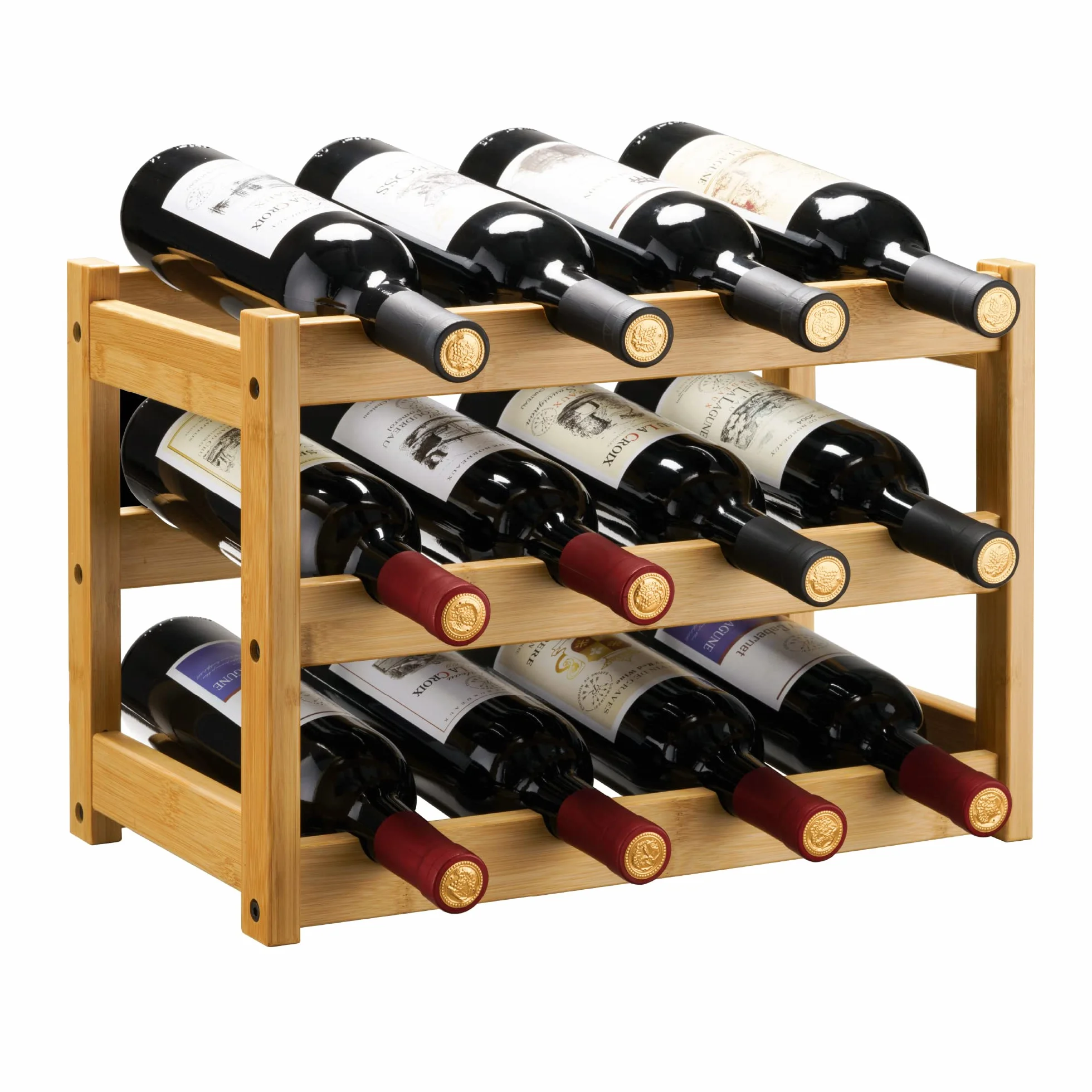 VASMIA Botellero de Vino, Estante para Vino, estantería de bambú de 3 Niveles para encimera, Soporte Independiente para 12 Botellas, Adecuado para Cocina, despensa, Bodega, Bar, Natural