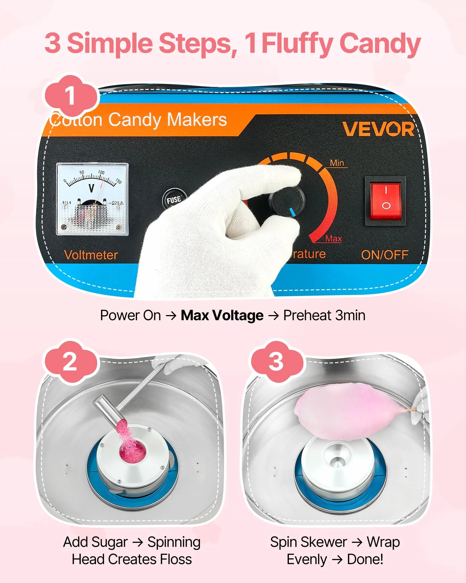 VEVOR Máquina de Algodón de Azúcar Eléctrica 1000 W Capacidad de 100 g de Azúcar 38 x 38 x 34 cm Fácil de Instalar y Desmontar Fácil de Usar con Azucarero y Cuchara para Hogar, Fiestas, Azul