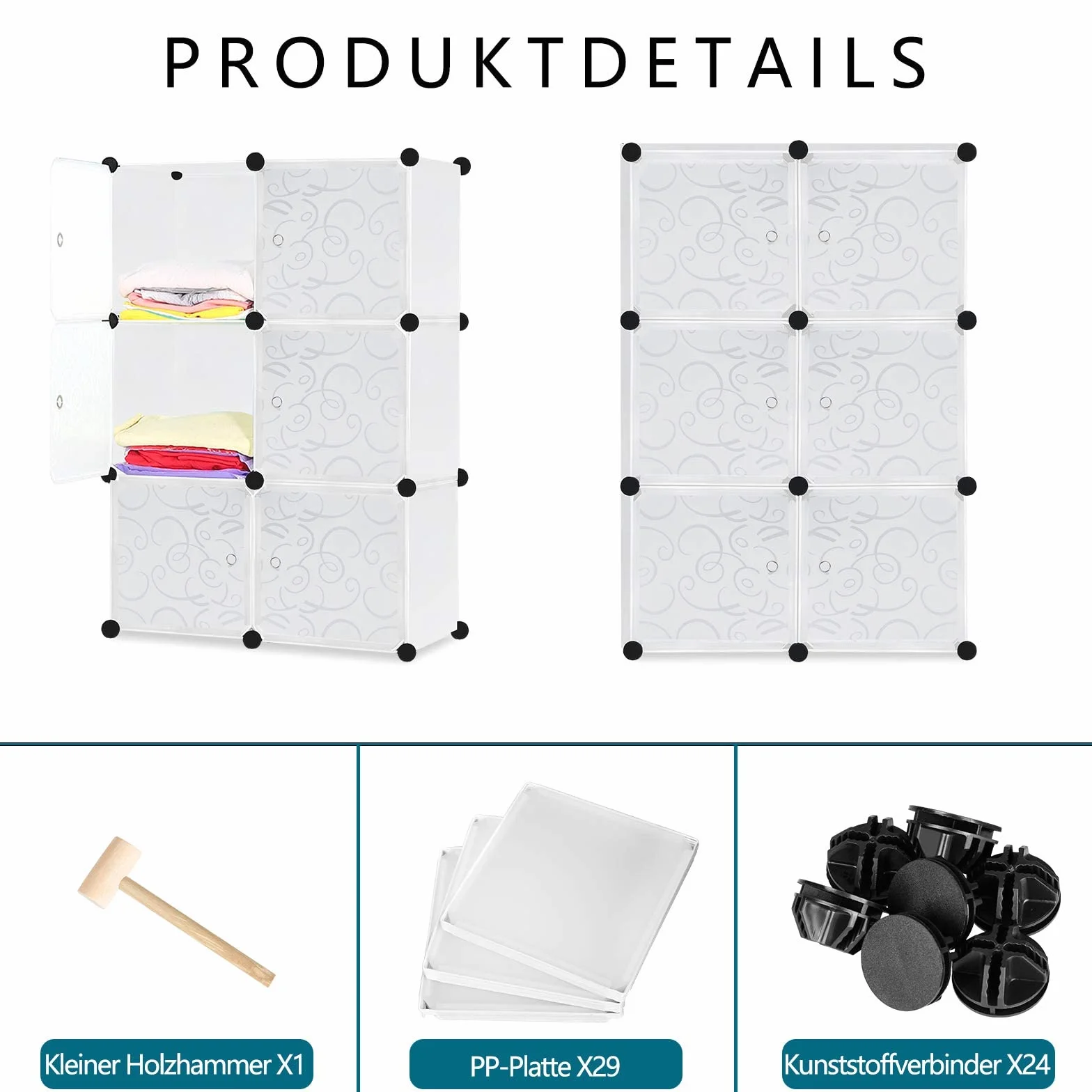 YUENFONG Sistema de estanterías para armario de 6 cubos PP, con puertas, para libros, ropa, juguetes, blanco