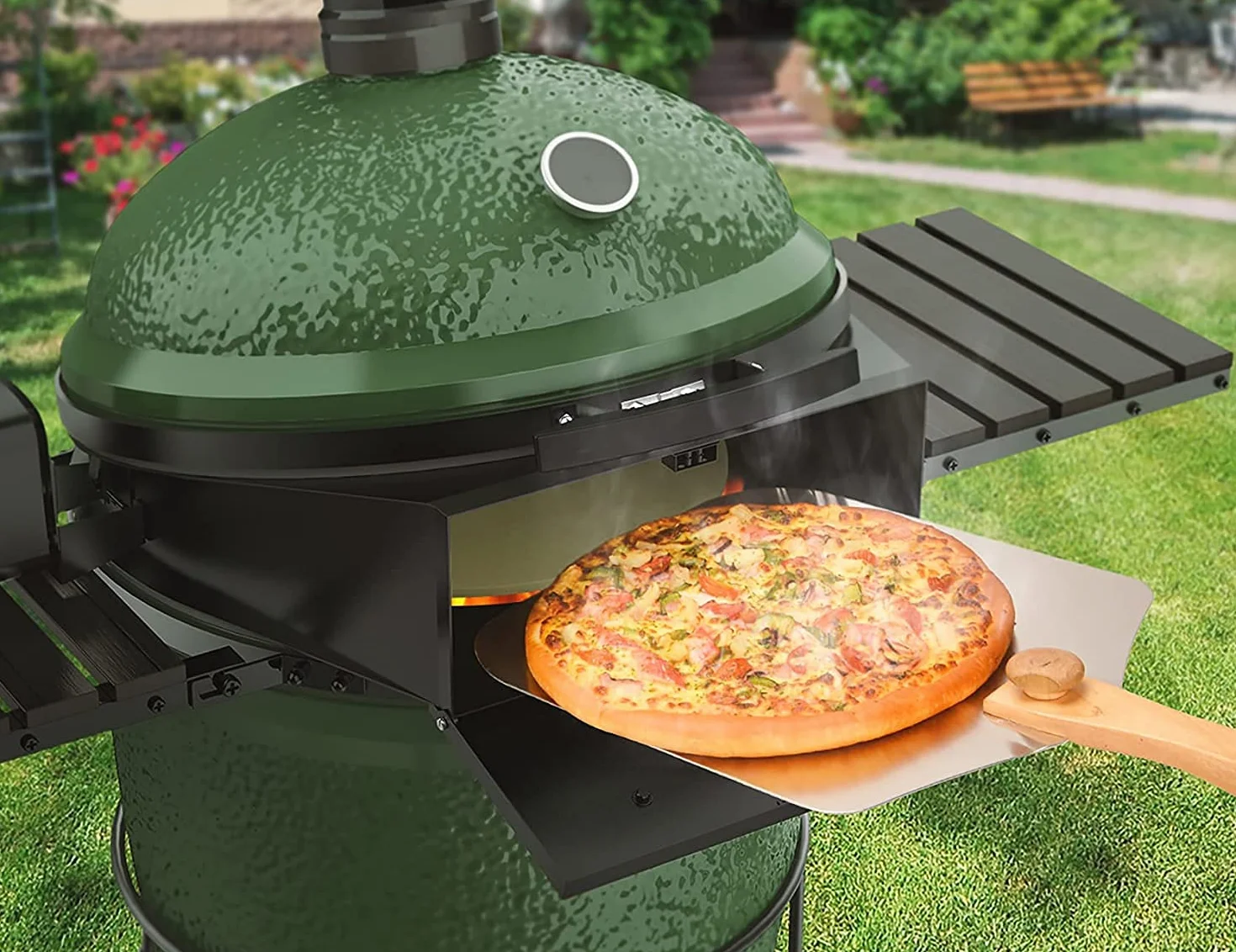 onlyfire Kit de Anillo de Pizza de Acero Inoxidable con asador, Kit de Barbacoa Multifuncional, para Asar Pollo y cocinar Pizza,per Big Green Egg Large Kamado Grill in Ceramica