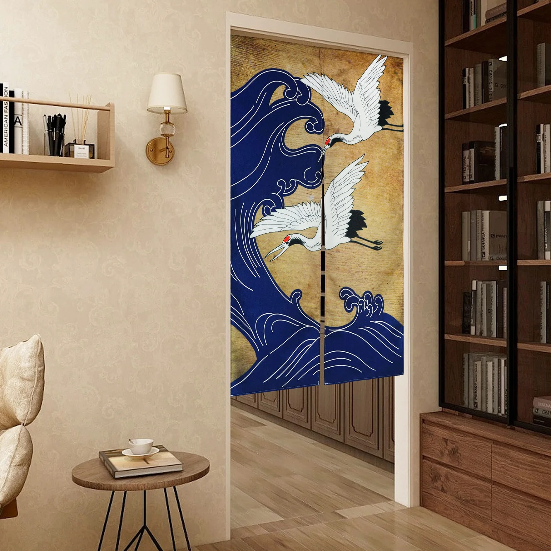 LIGICKY Cortina Retro Japonesa Noren de Lino Blanco con diseño de Ondas Azules para Ventana asiática para Colgar en la Puerta de Sushi, Cocina, decoración del hogar, 85 x 150 cm