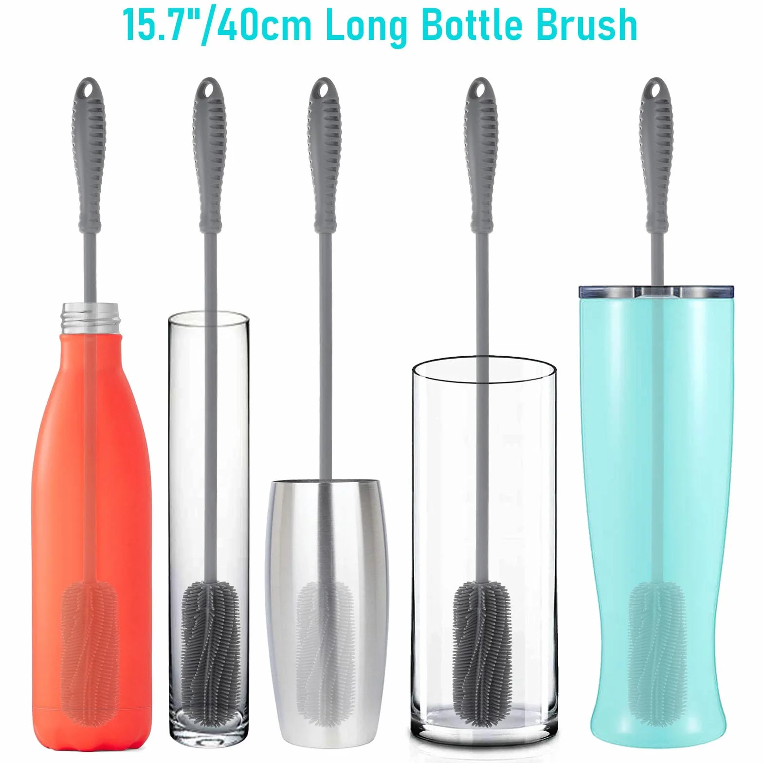 Cepillo de Limpieza de Botellas de Silicona con Mango Largo, Limpiador de Botellas de Agua de 39,5 Cm para Biberones, Frascos HidráUlicos, Botellas Deportivas, Jarrones, Cristalería