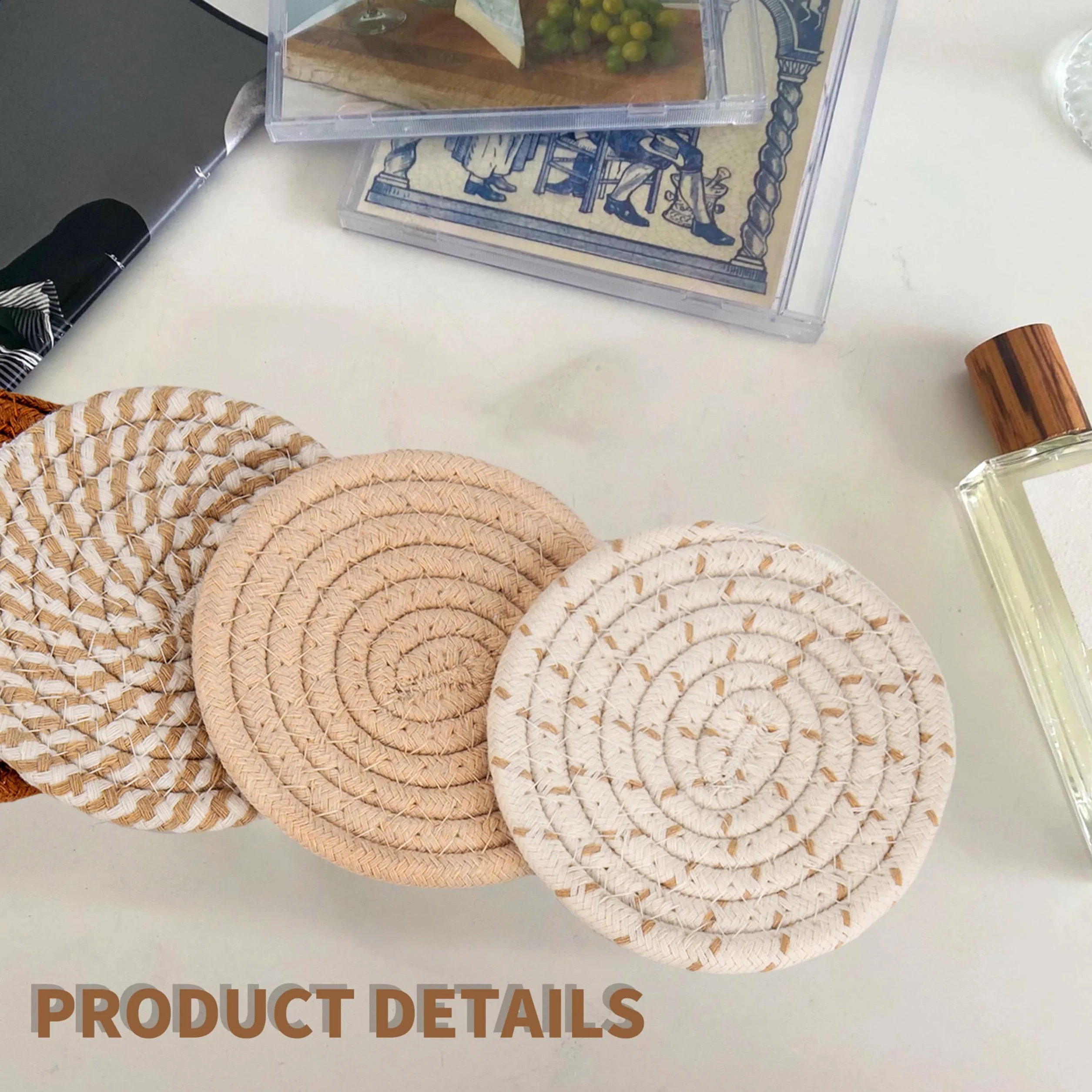 8 Posavasos Redondos para Vasos y Bebidas - Con Soporte, Antideslizantes, de Algodón Trenzado para Tazas de Cristal (Amarillo)