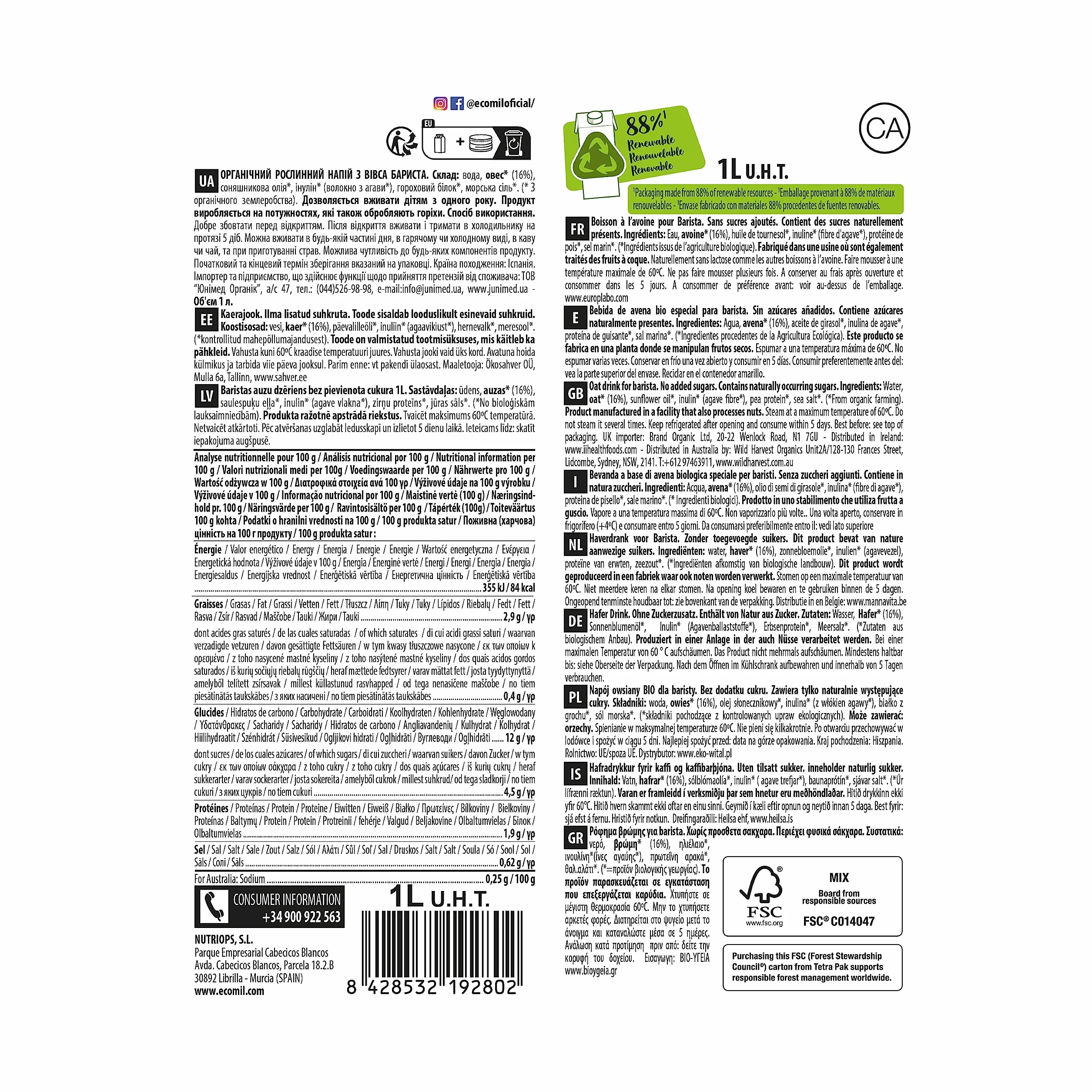 ECOMIL Barista Oat Bio Leche de Avena Barista Profesional Bebida Vegetal 1L