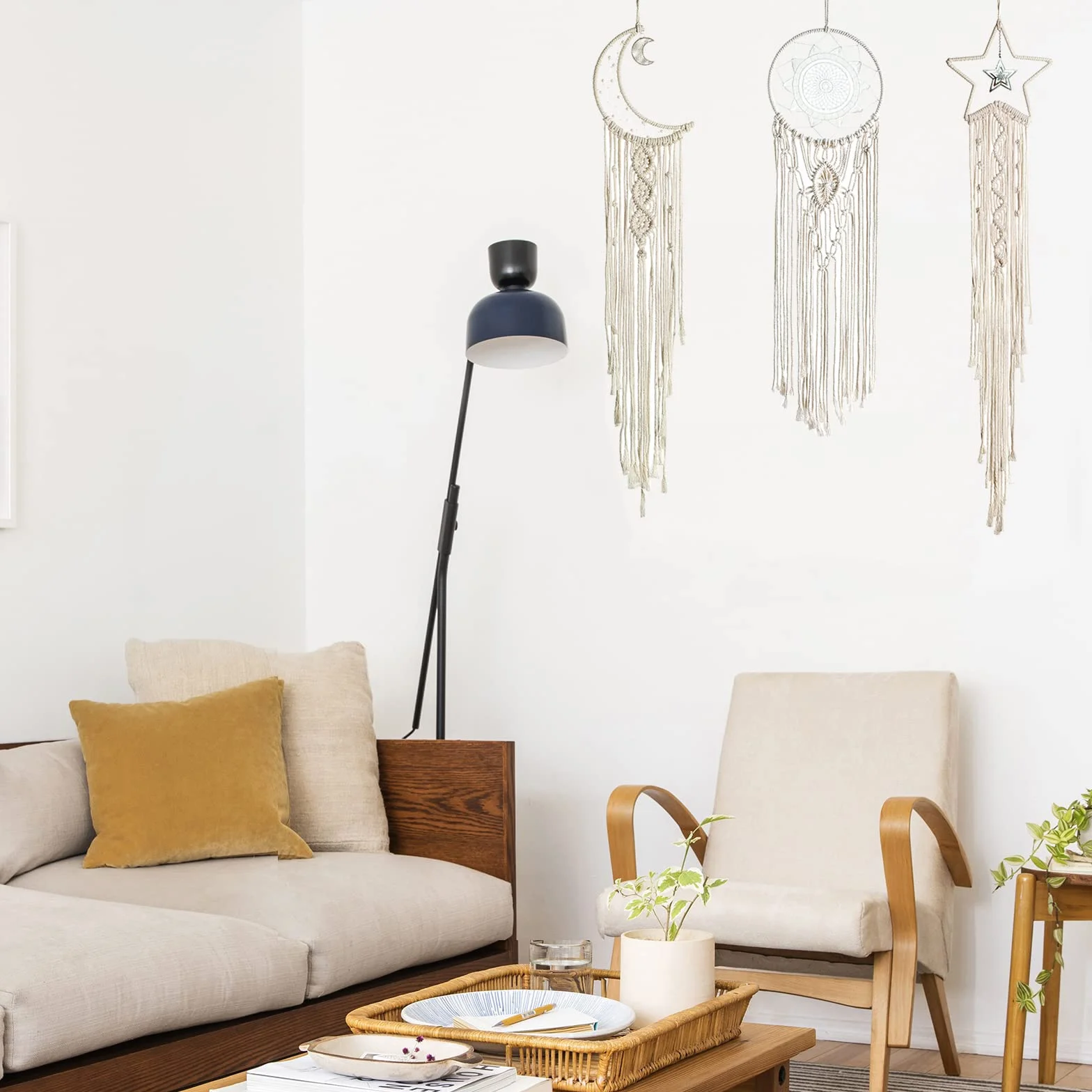 3 Piezas Atrapasueños Macramé Colgante Pared Boho Dream Catcher Sol Luna Estrella Tapiz Tejido Bohemio Elegante Decoración Arte Pared para del Hogar Niñas Regalo