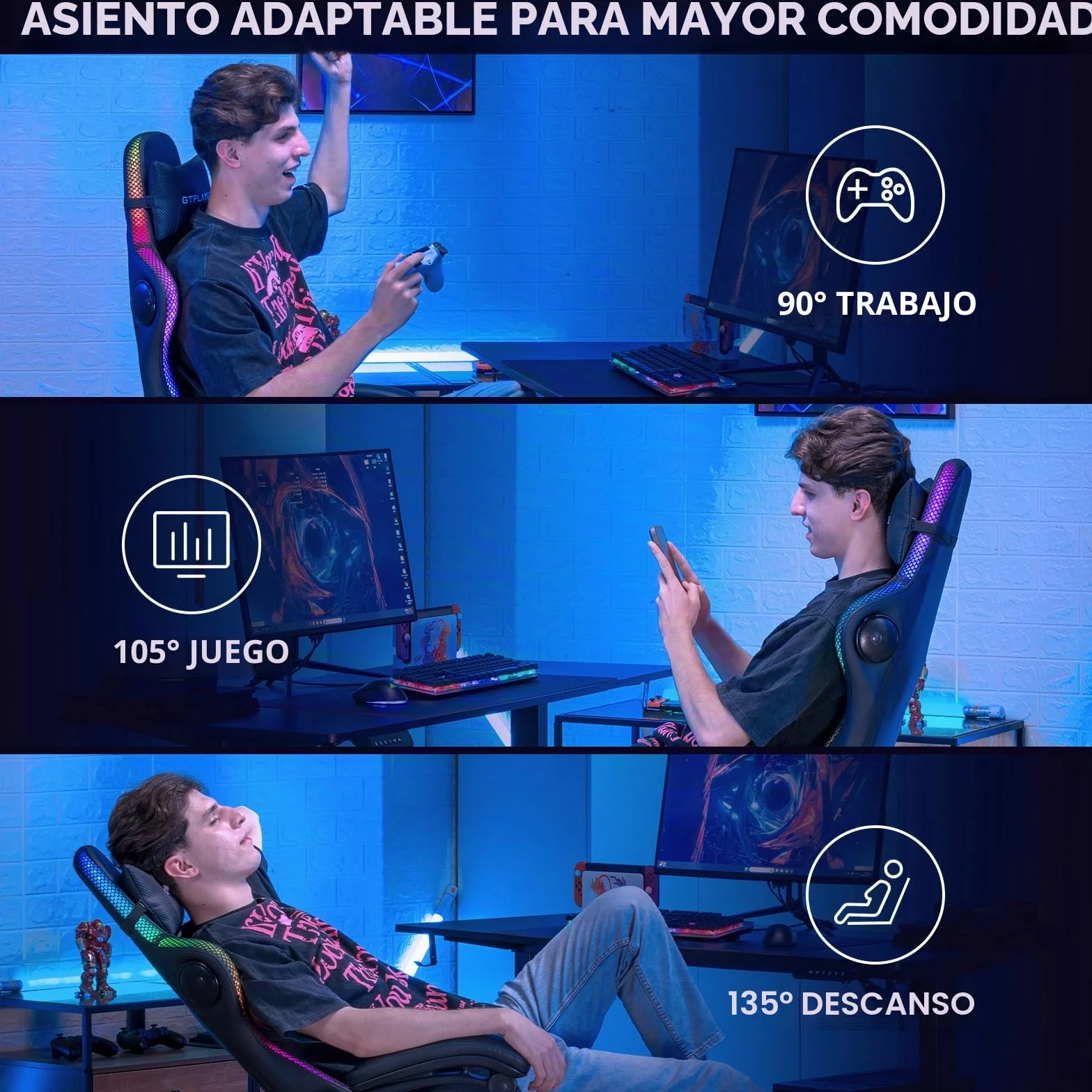 GTPLAYER Silla de gaming, silla de oficina, silla de gaming con altavoz y barra de luz, silla gamer, respaldo con bolsa de almacenamiento, silla ergonómica de PC con mando a distancia