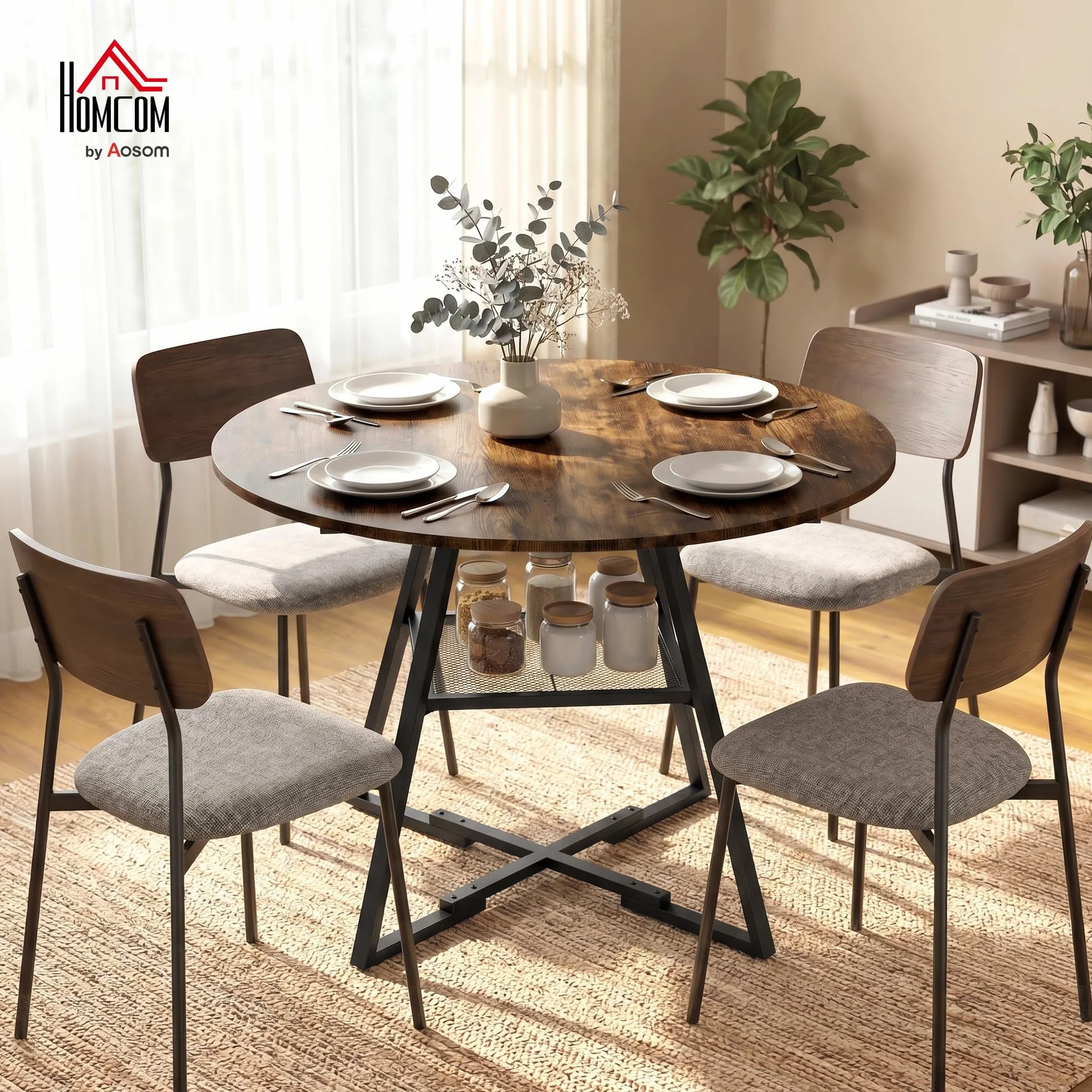 HOMCOM Mesa de Comedor Redonda, Mesa de Cocina para 4 Personas con Estante, Marco Metálico, para Sala de Estar, Ø100x76 cm, Marrón Rústico