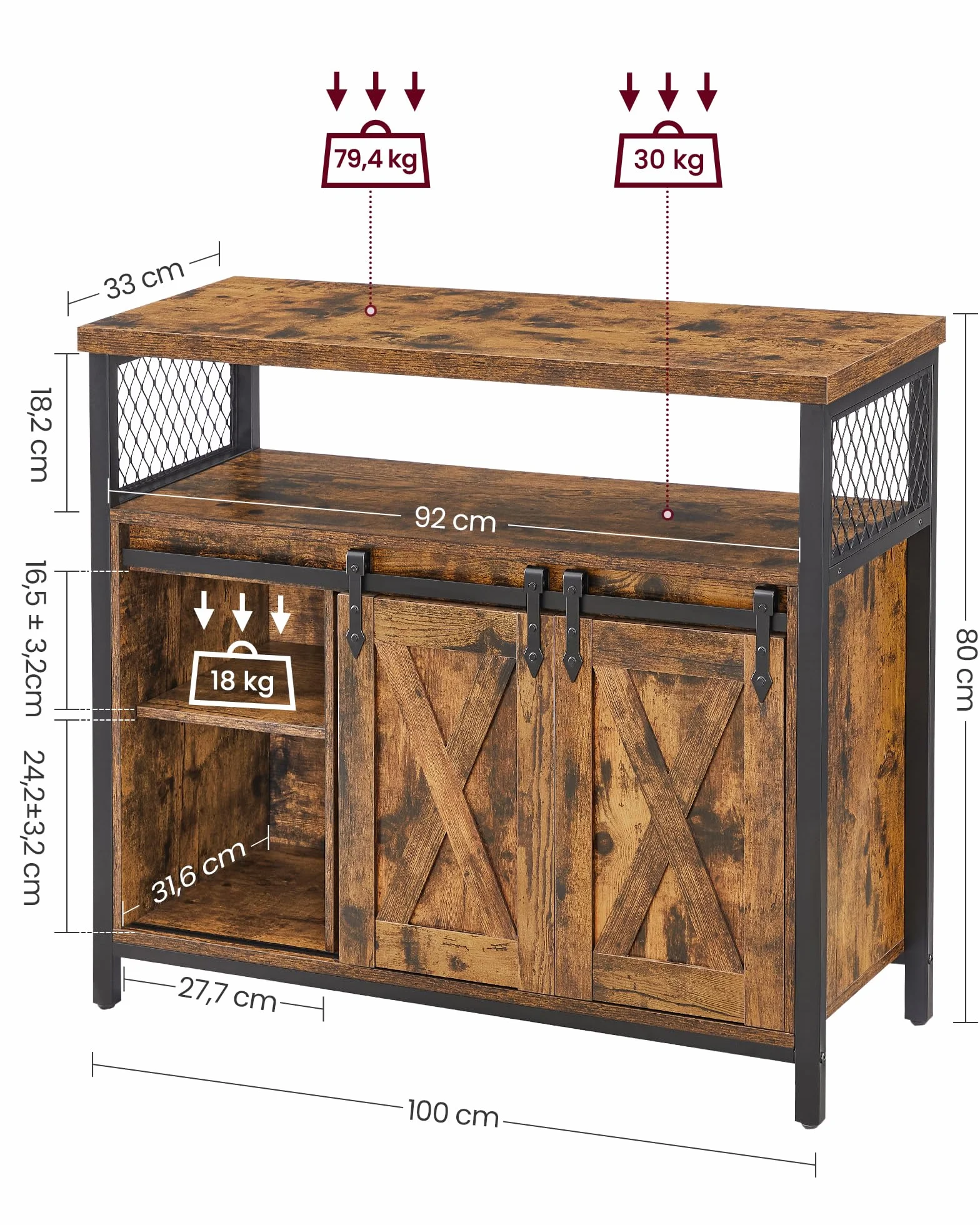 VASAGLE Aparador, Armario de Cocina, Armario de Almacenamiento, con 2 Puertas Correderas, 33 x 100 x 80 cm, Estantes Ajustables, para Salón, Marrón Rústico y Negro Tinta LSC092B01