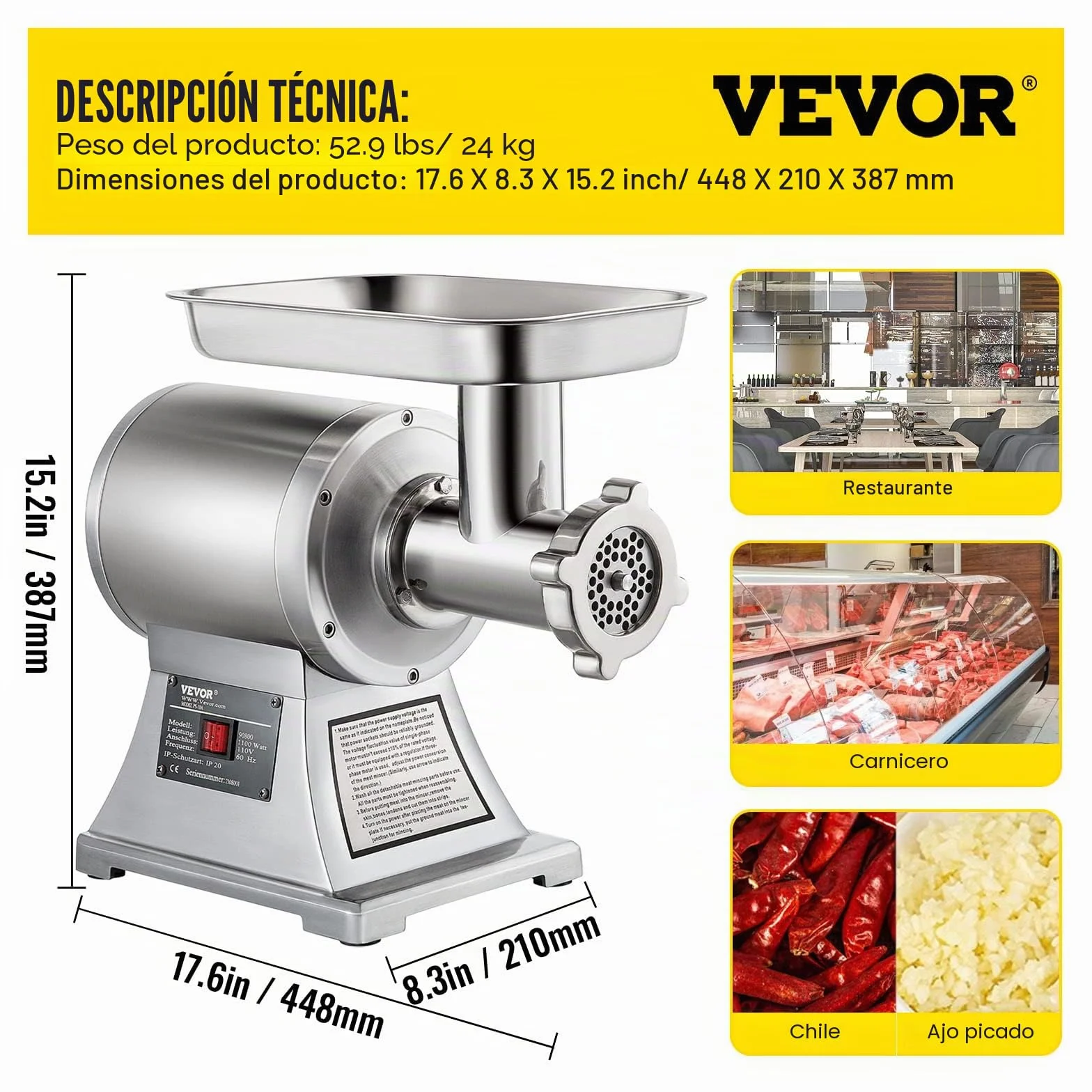 VEVOR Picadora de carne eléctrica 1100 W, capacidad 250kg/h, triturador de carne comercial, material de acero inoxidable para restaurantes supermercados tiendas de restauración rápida carnicerías