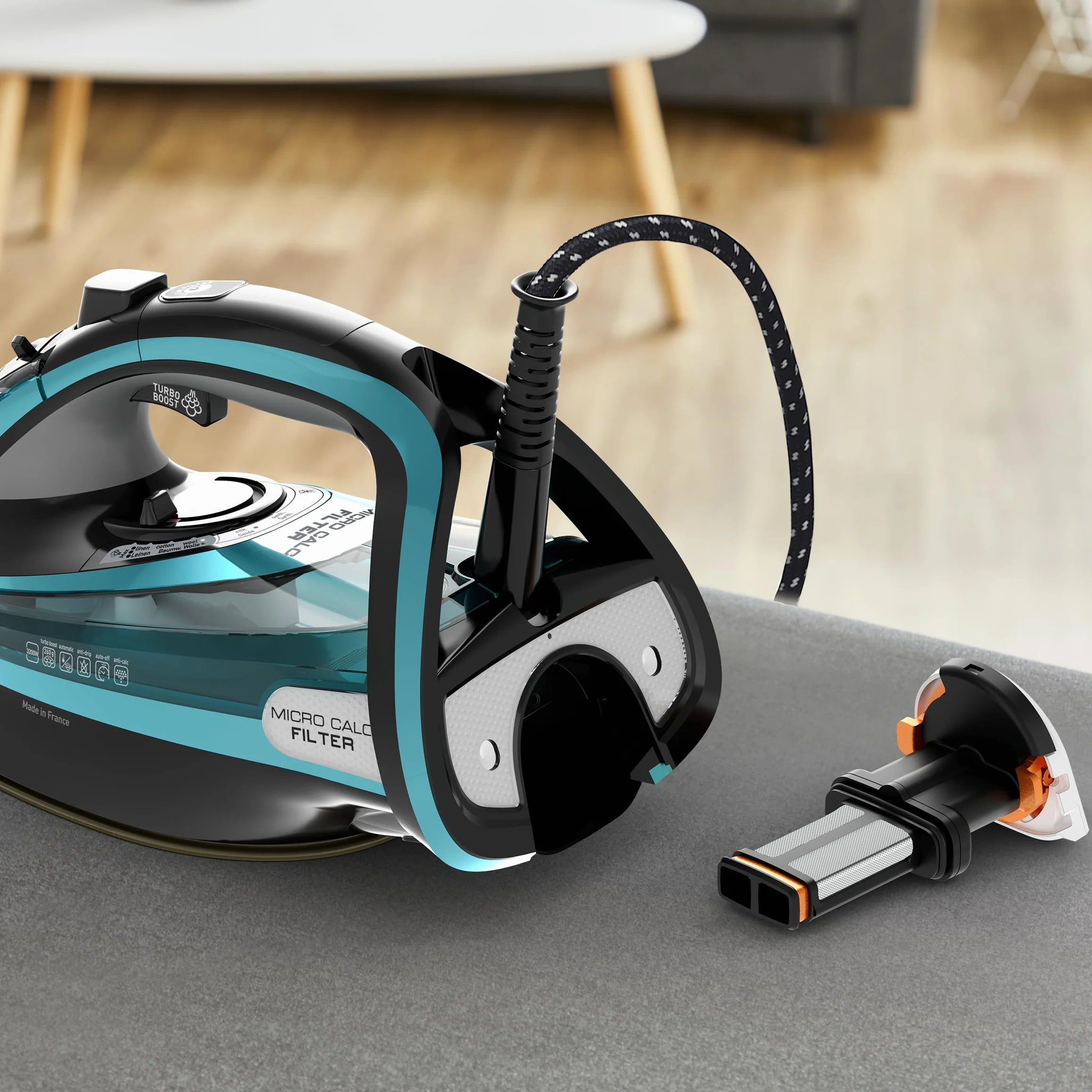 Tefal Plancha de vapor Ultimate Pure FV9844, 3200 W, filtro microcalco, suela Durilium Airglide Autoclean, apagado automático, 0,35 litros, 31,6 x 15,1 x 16,3 cm, negro/azul