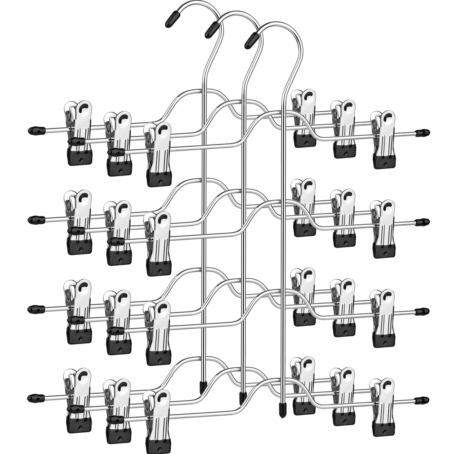 SONGMICS Perchas para Falda con Clips, Juego de 3, Metal de 4 Capas, con 8 Pinzas Ajustables Antideslizantes, para Pantalones, Vaqueros, Toallas, Cortos, 32 cm, Color Plata y Negro CRI042BK