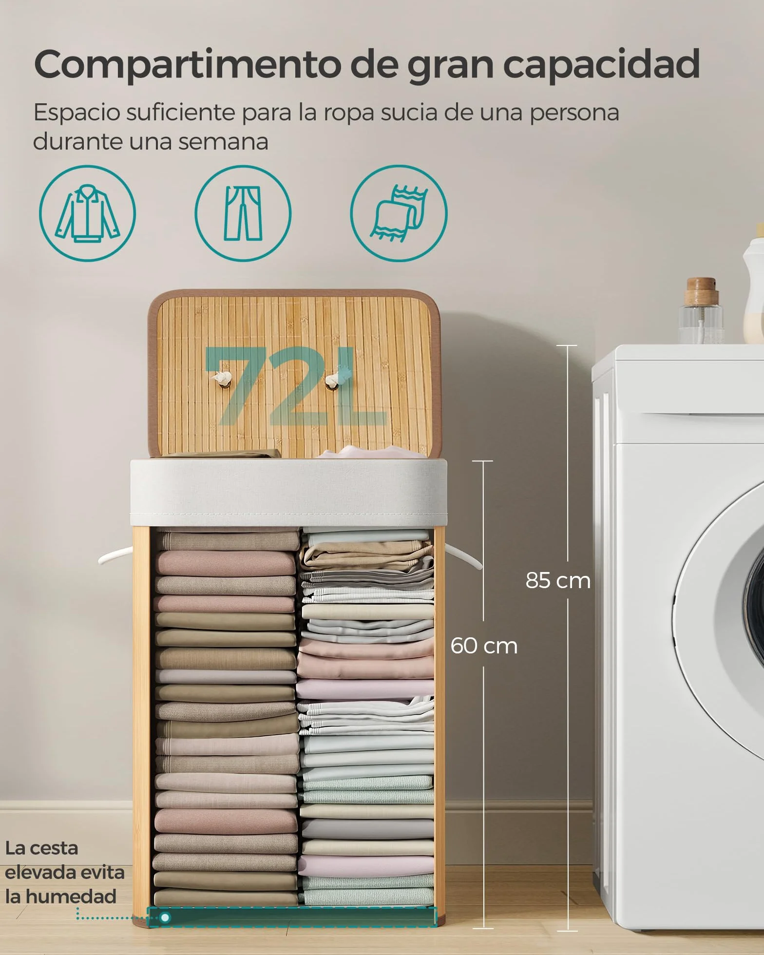SONGMICS Cesto de la Ropa Sucia con Tapa 72 L Bambú Plegable con Bolsa Lavable Extraíble Natural LCB10Y