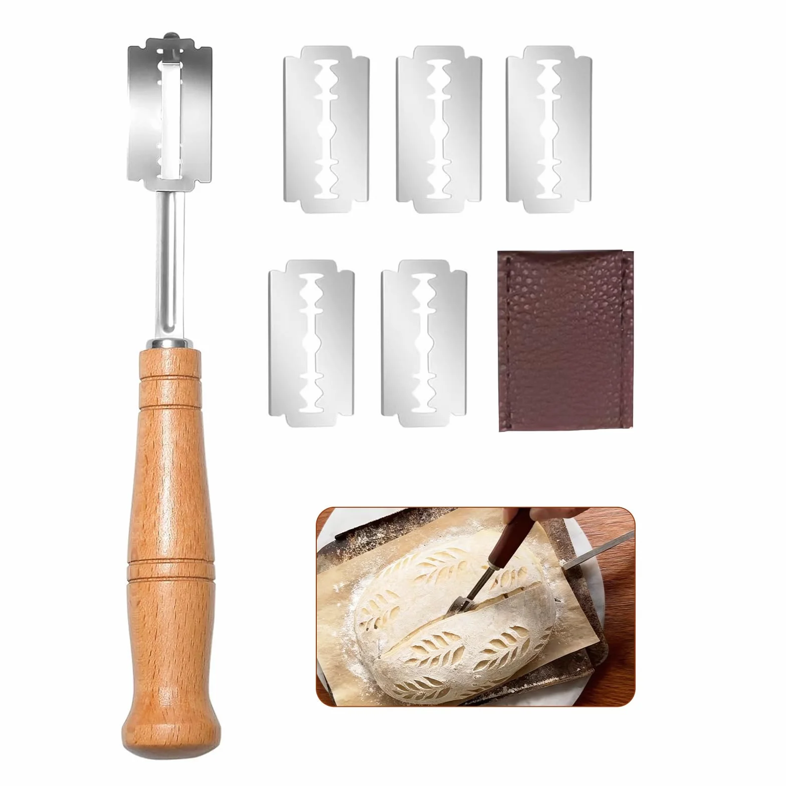 Cuchillo de panadero, cuchillo de pan, cuchillo de cortar pan, navaja de afeitar, accesorios para hornear pan (5 cuchillas + 1 funda de piel)