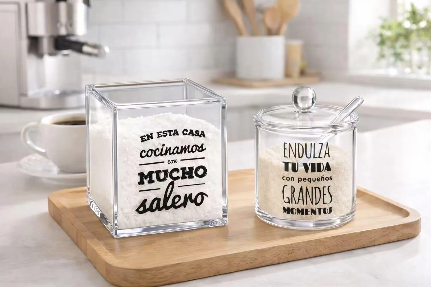 Juego de Salero y Azucarero de Cocina Acrílico Transparente con Cuchara y Tapa