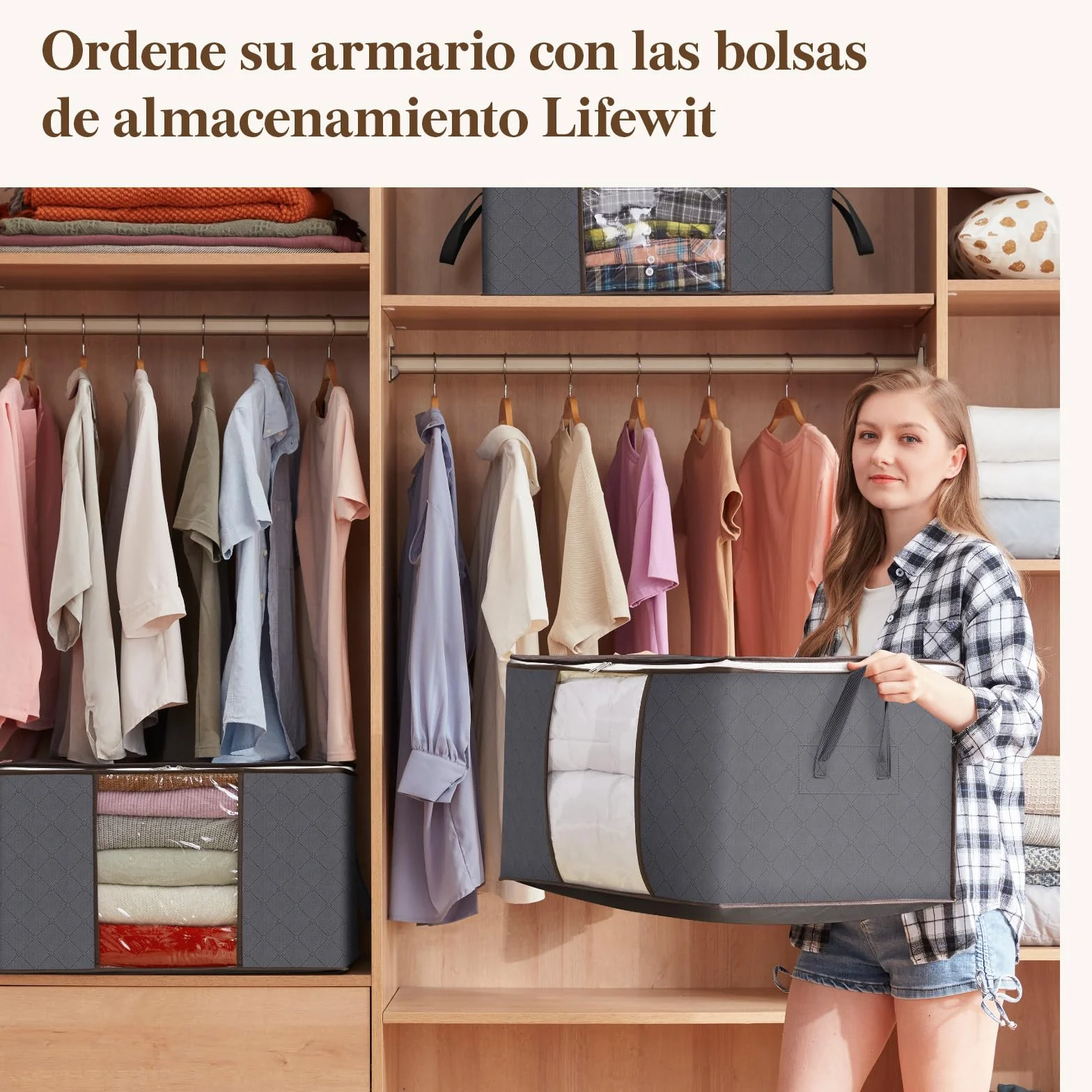 Lifewit Bolsa Almacenaje Ropa 60L 6 Piezas Organizador Armario Plegable Gris