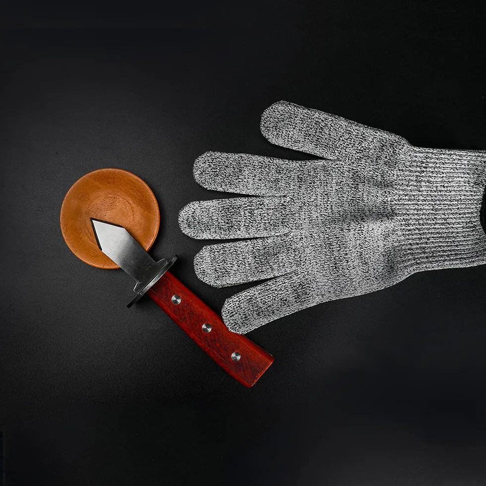 Abre Ostras Set, con 6,7 Pulgada Cuchillo Ostras y Par de Guantes Resistentes a Cortes de Grado 5, Mango de Roble de Grado A, Triple Remache Reforzado, para Mariscos o Queso Duro (Guante Tamaño L)