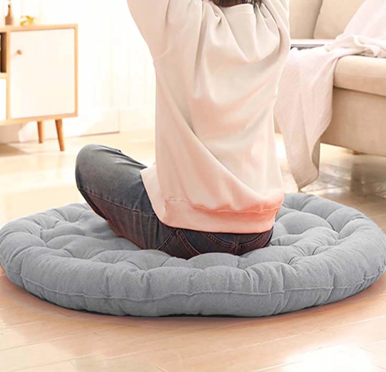 Cojín suave redondo para asiento de suelo meditación, lavable, 65 cm, azul