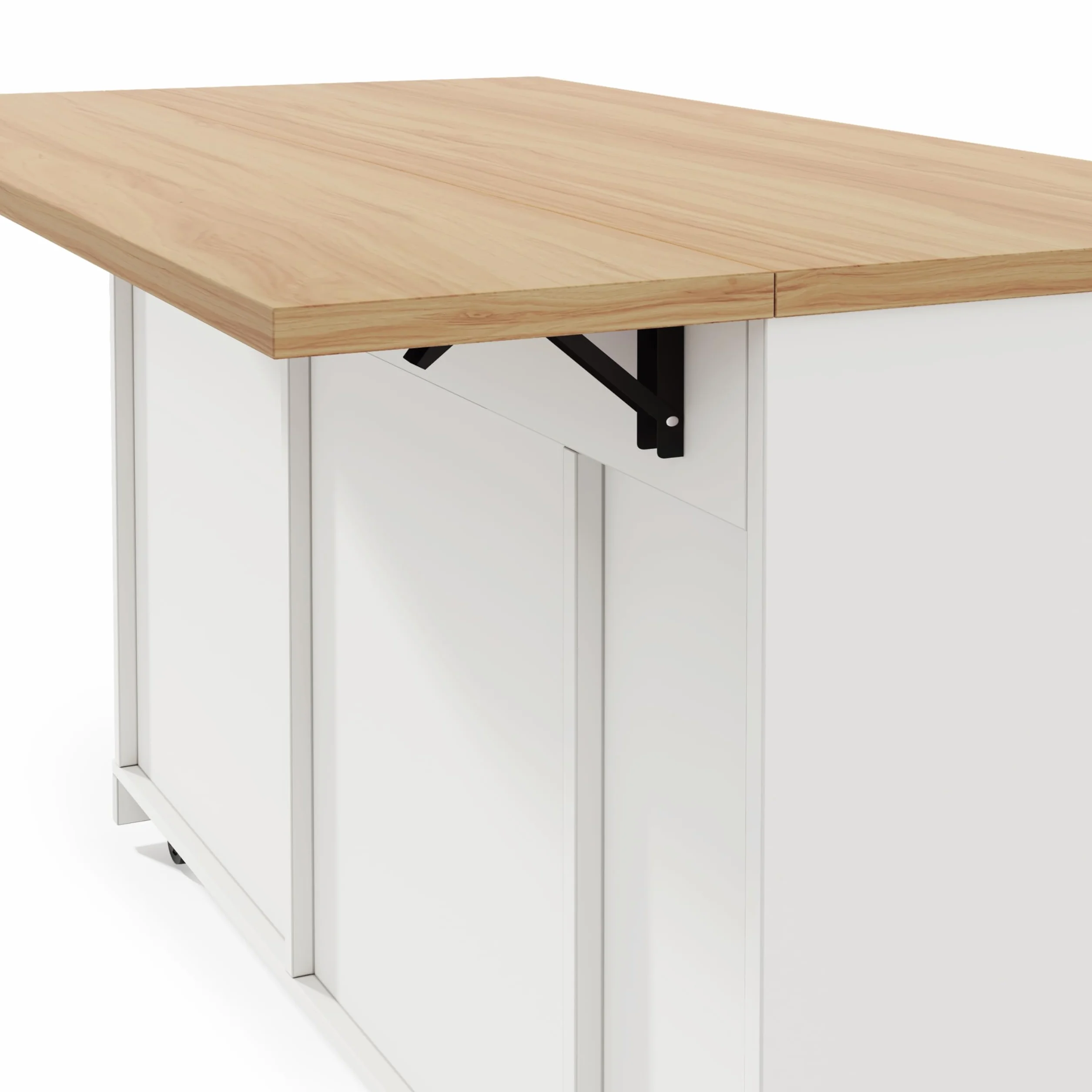 Isla de cocina con encimera plegable, armario de basura y ruedas con bloqueo, estante para especias de 4 niveles, 2 cajones, 120 × 45 (70) × 93 cm, color blanco